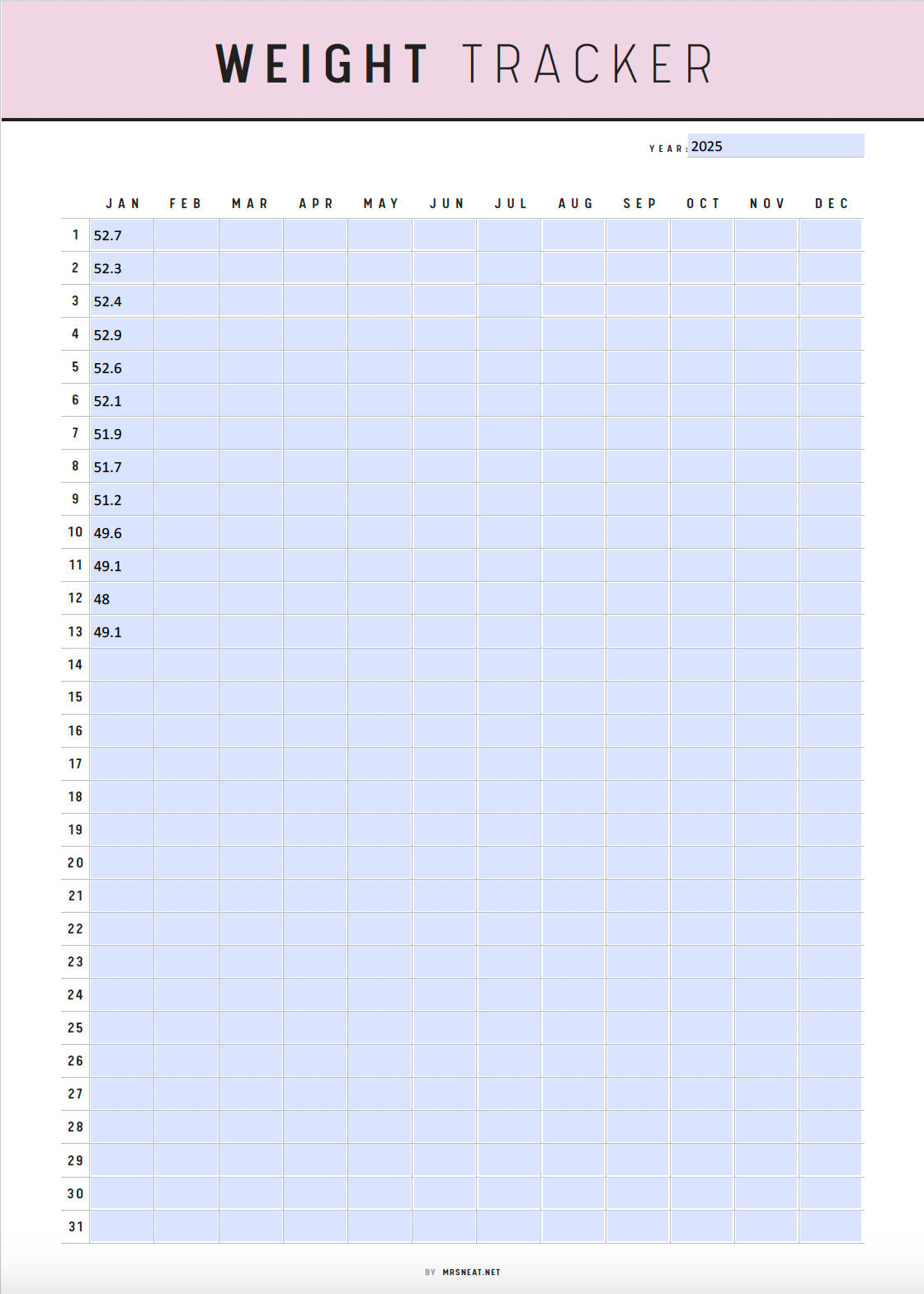 365 Day Weight Tracker Printable, Fillable Daily Weight Journal, Weight Loss Tracker, Weight Log, 5 Colors, A4, A5, Letter, Half Letter, PDF