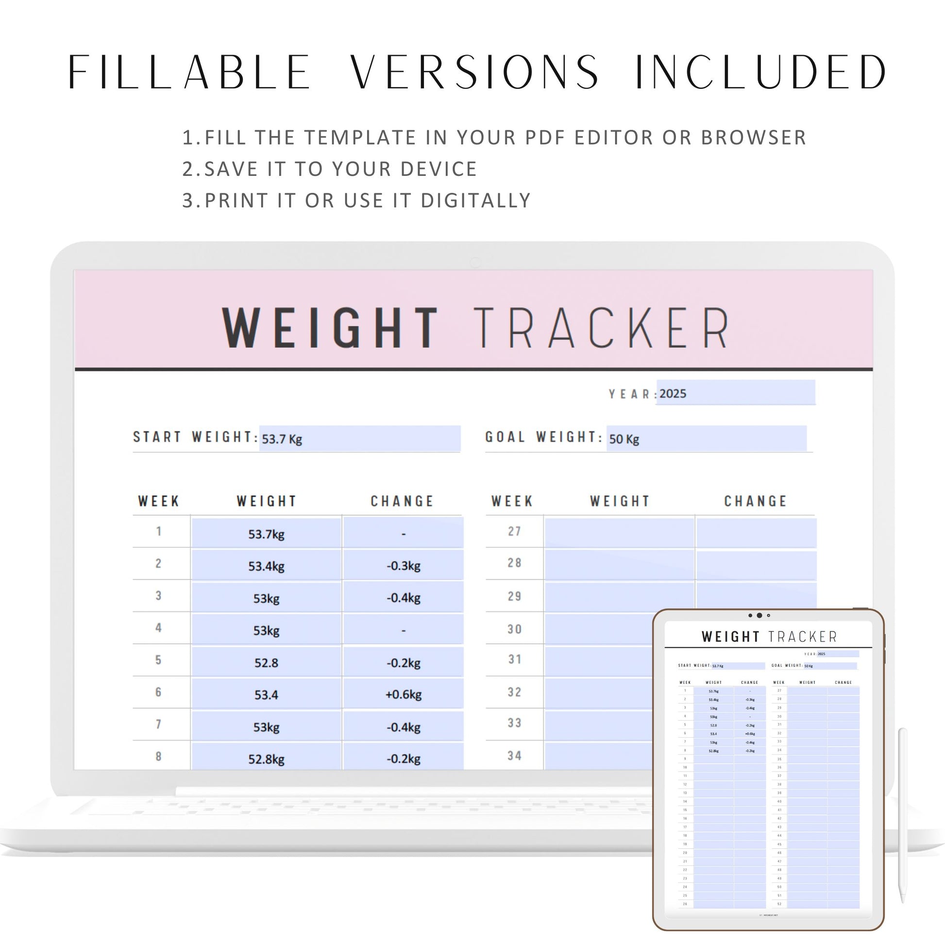 52 Week Weight Tracker Printable, Weight Loss Tracker Template, Fillable Weight Log, Weight Journal, 5 Colors, A4, A5, Letter, Half Letter, Digital Planner, Fillable PDF, Printable Planner