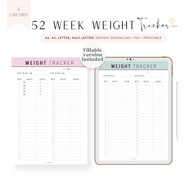 52 Week Weight Loss Tracker Printable - M277 – mrsneat