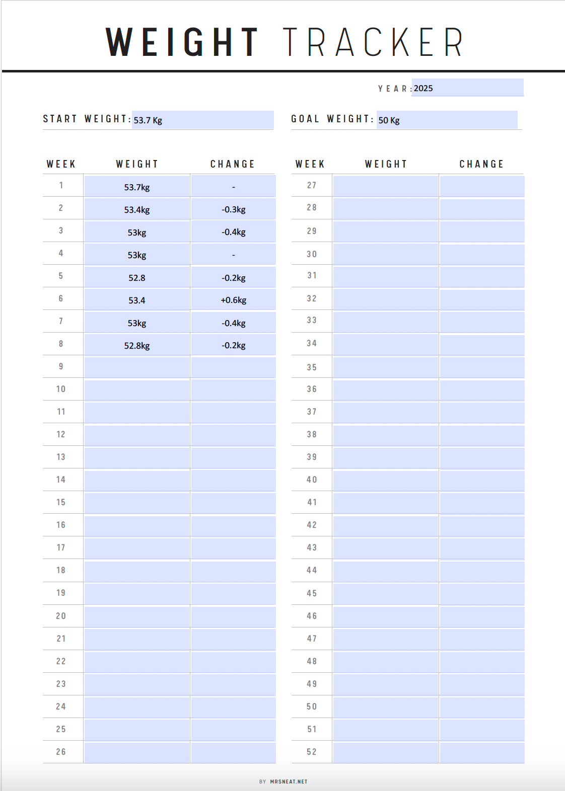 52 Week Weight Loss Tracker Printable - M277 – mrsneat