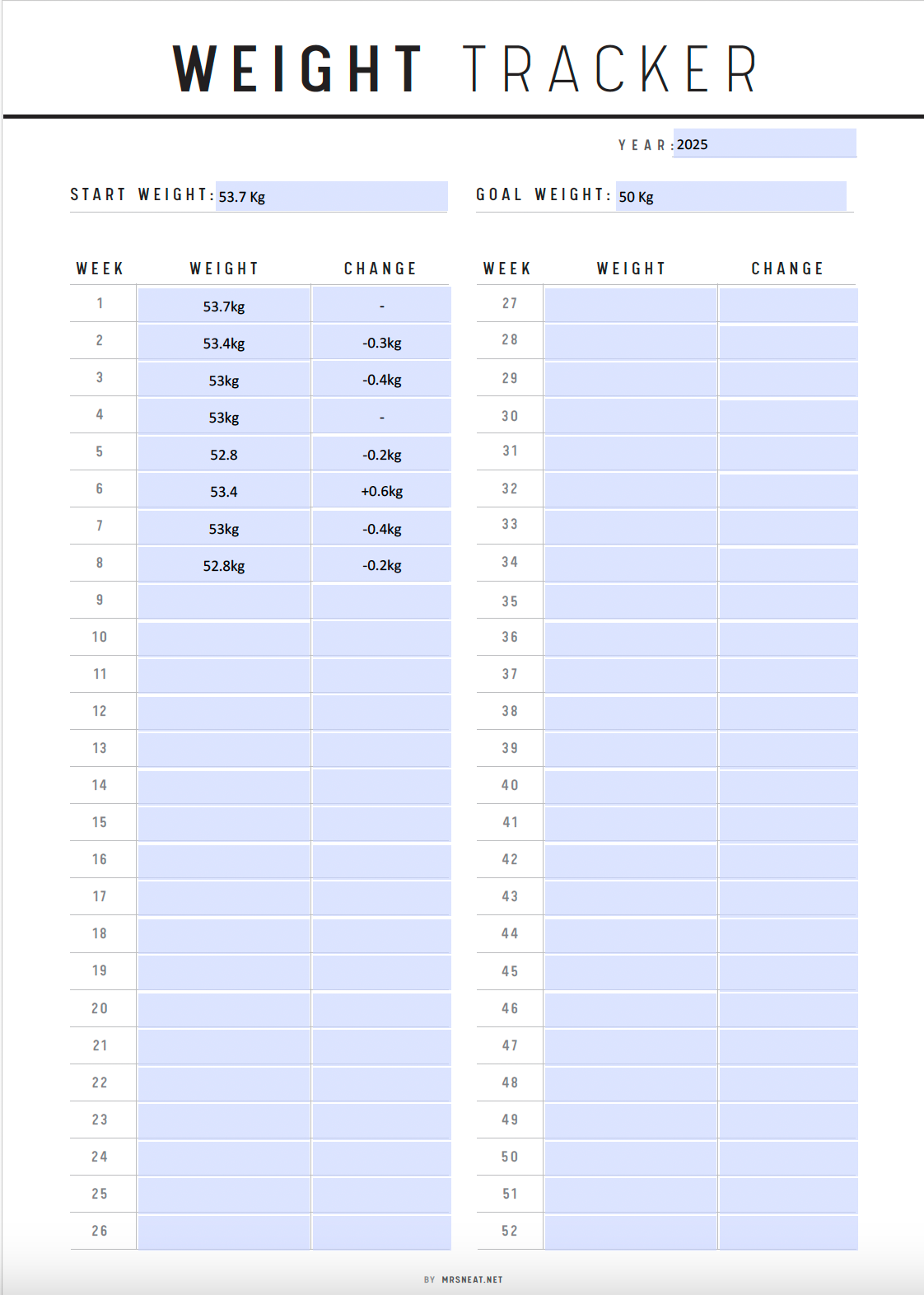 52 Week Weight Tracker Printable, Weight Loss Tracker Template, Fillable Weight Log, Weight Journal, 5 Colors, A4, A5, Letter, Half Letter, Digital Planner, Fillable PDF, Printable Planner