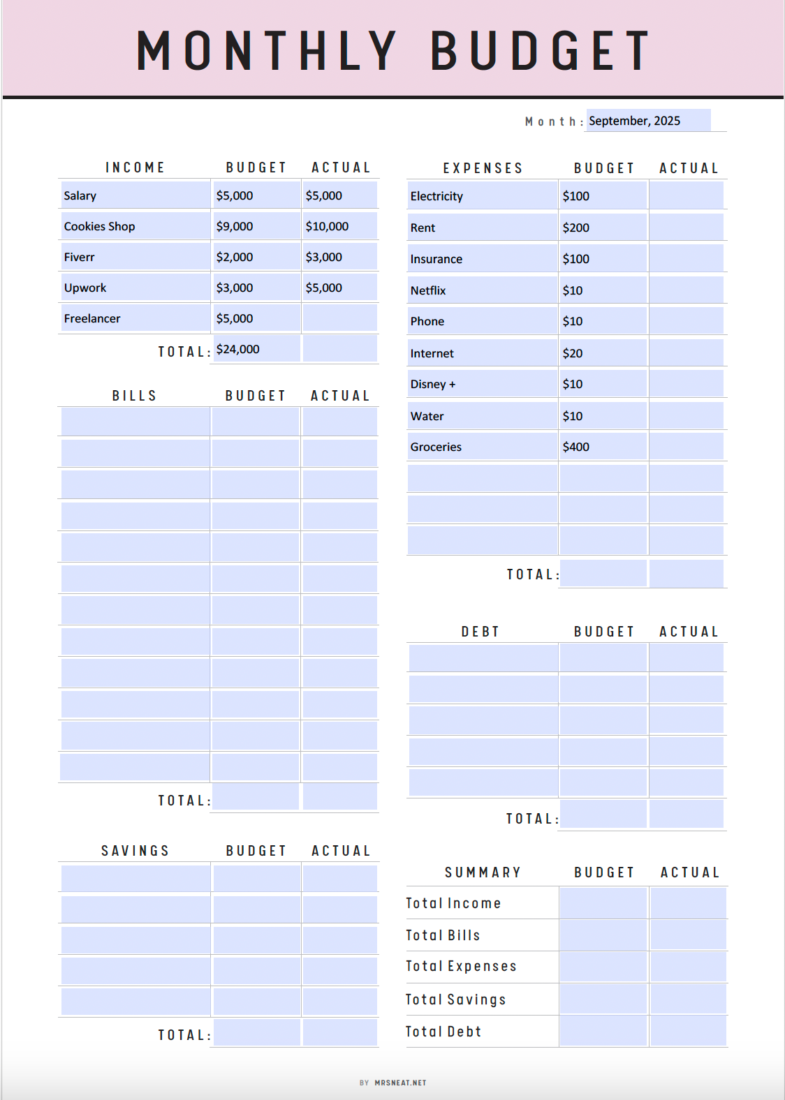 Monthly Budget Planner Template Printable - M280