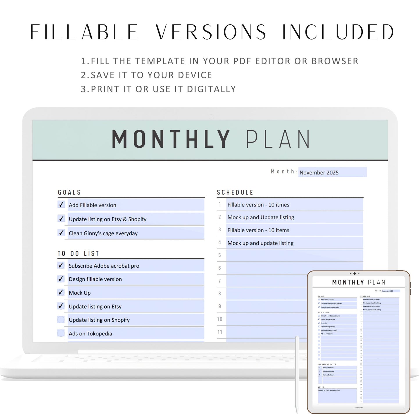 Monthly Planner Printable, Monthly Organizer, Monthly Schedule, Monthly Agenda, Month at a glance, 5 colors, A4, A5, Letter, Half Letter, Digital Planner, Fillable PDF, Printable Planner