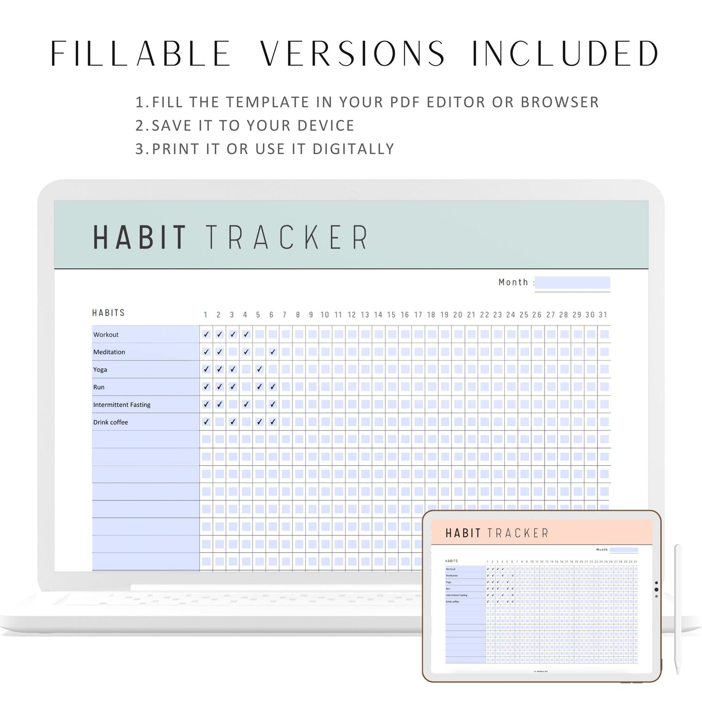 Monthly Habit Tracker Printable Landscape, Habit Tracker Template, Routine Tracker, 30 Day Habit Challenge, 2 versions, A4, Letter, 5 colors, Digital Planner, Fillable PDF, Printable Planner