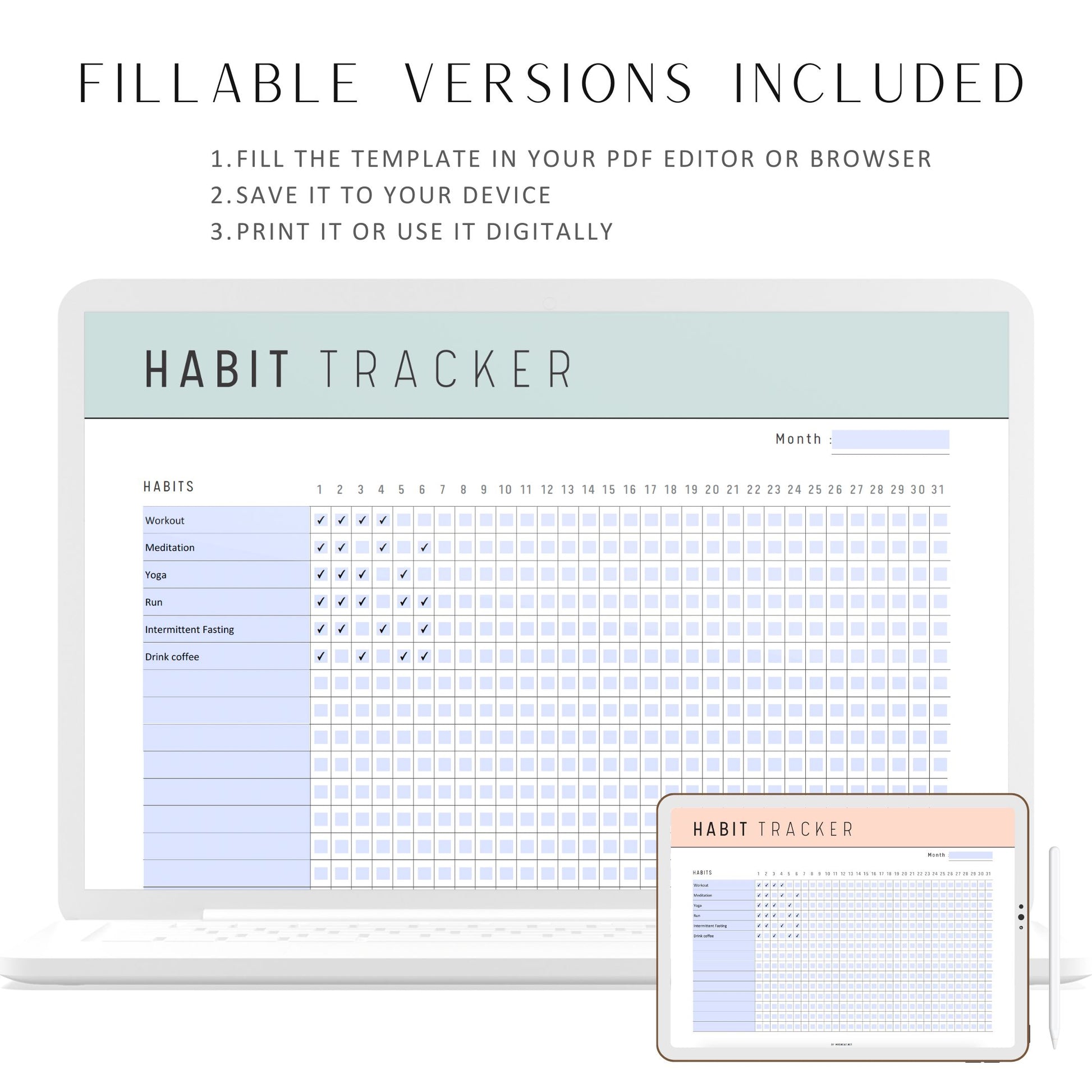 Monthly Habit Tracker Printable Landscape, Habit Tracker Template, Routine Tracker, 30 Day Habit Challenge, 2 versions, A4, Letter, 5 colors, Digital Planner, Fillable PDF, Printable Planner