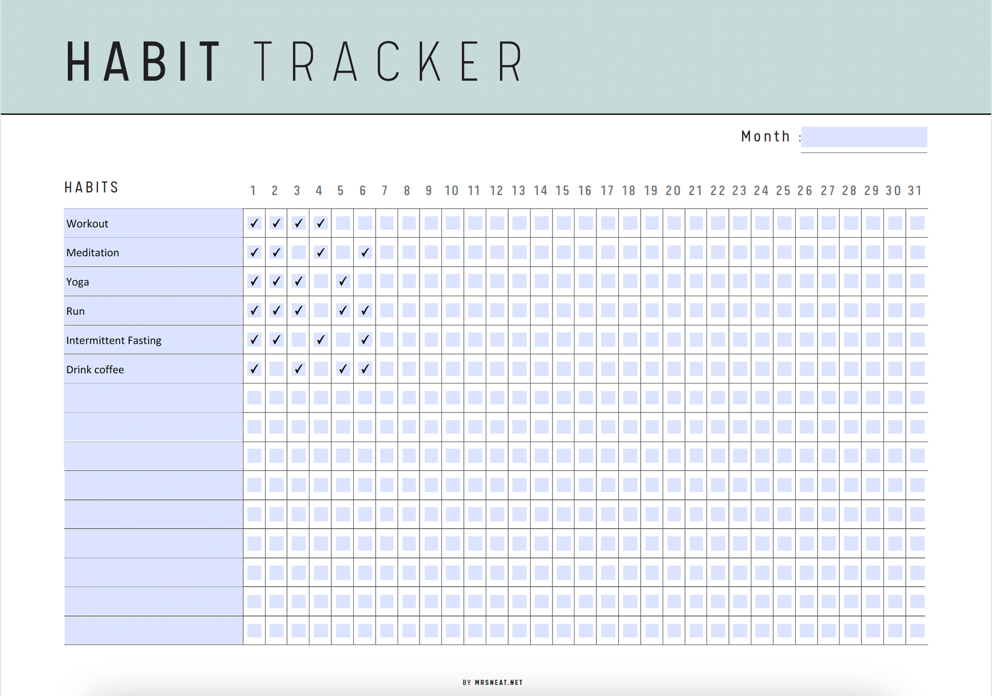 Monthly Habit Tracker Printable Landscape, Habit Tracker Template, Routine Tracker, 30 Day Habit Challenge, 2 versions, A4, Letter, 5 colors, Digital Planner, Fillable PDF, Printable Planner