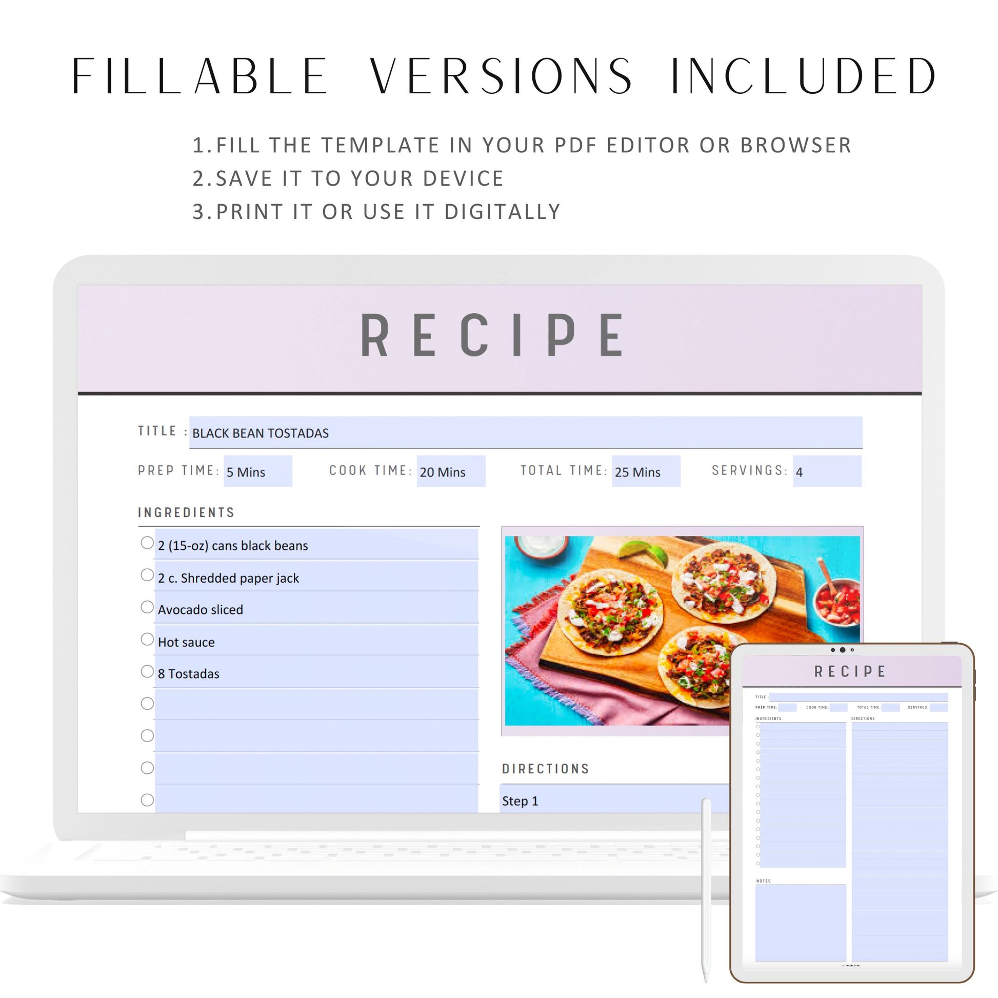 Recipe Page Printable, Recipe Card, Recipe Sheet, 2 Versions, PDF, A4, A5, Letter, Half Letter, 6 Colors, Digital Planner, Fillable PDF, Printable Planner