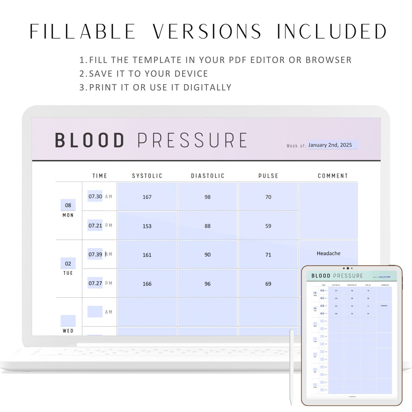 Daily Blood Pressure Log Printable, A4, A5, Letter, Half Letter, PDF, 6 Colors