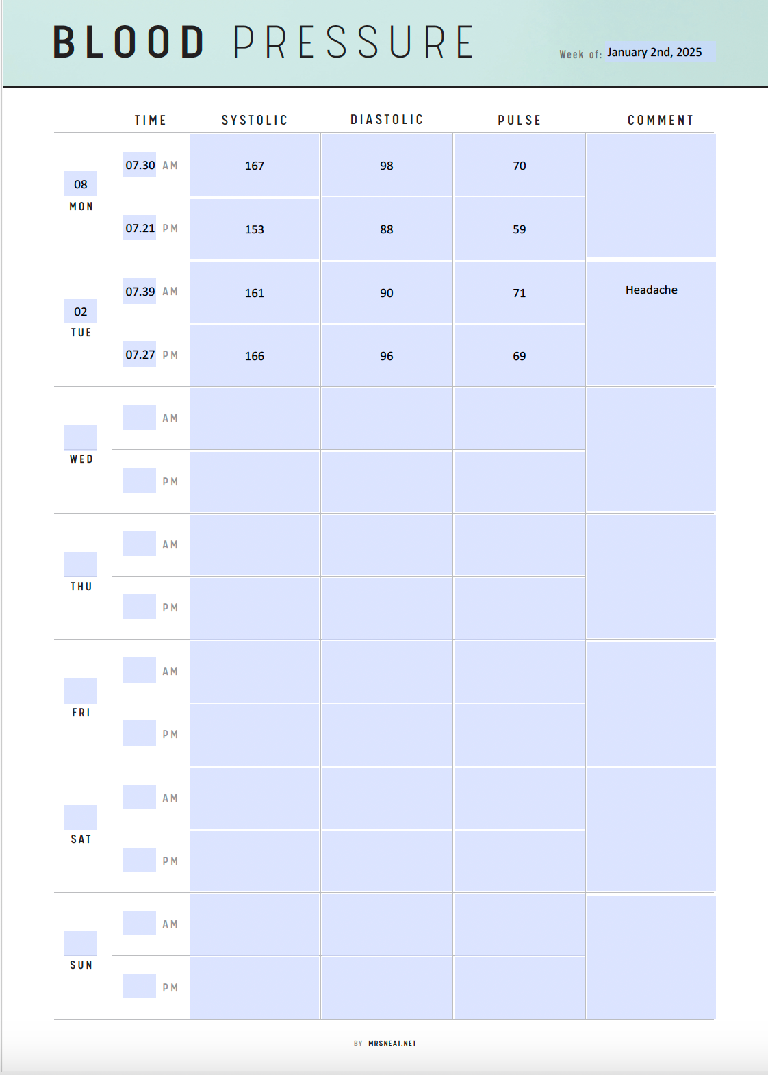 Daily Blood Pressure Log Printable, A4, A5, Letter, Half Letter, PDF, 6 Colors