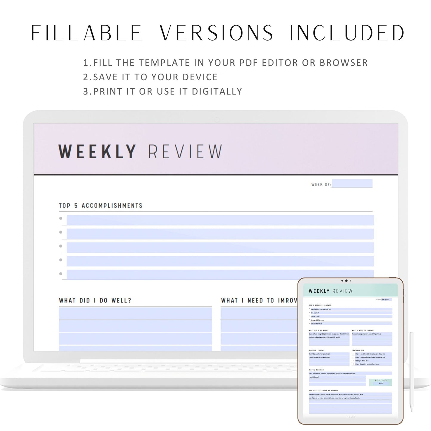 Weekly Review Template Printable, Fillable Weekly Journal, Weekly Agenda, A4, A5, Letter, Half Letter, PDF, 6 colors, Digital Planner, Fillable PDF, Printable Planner