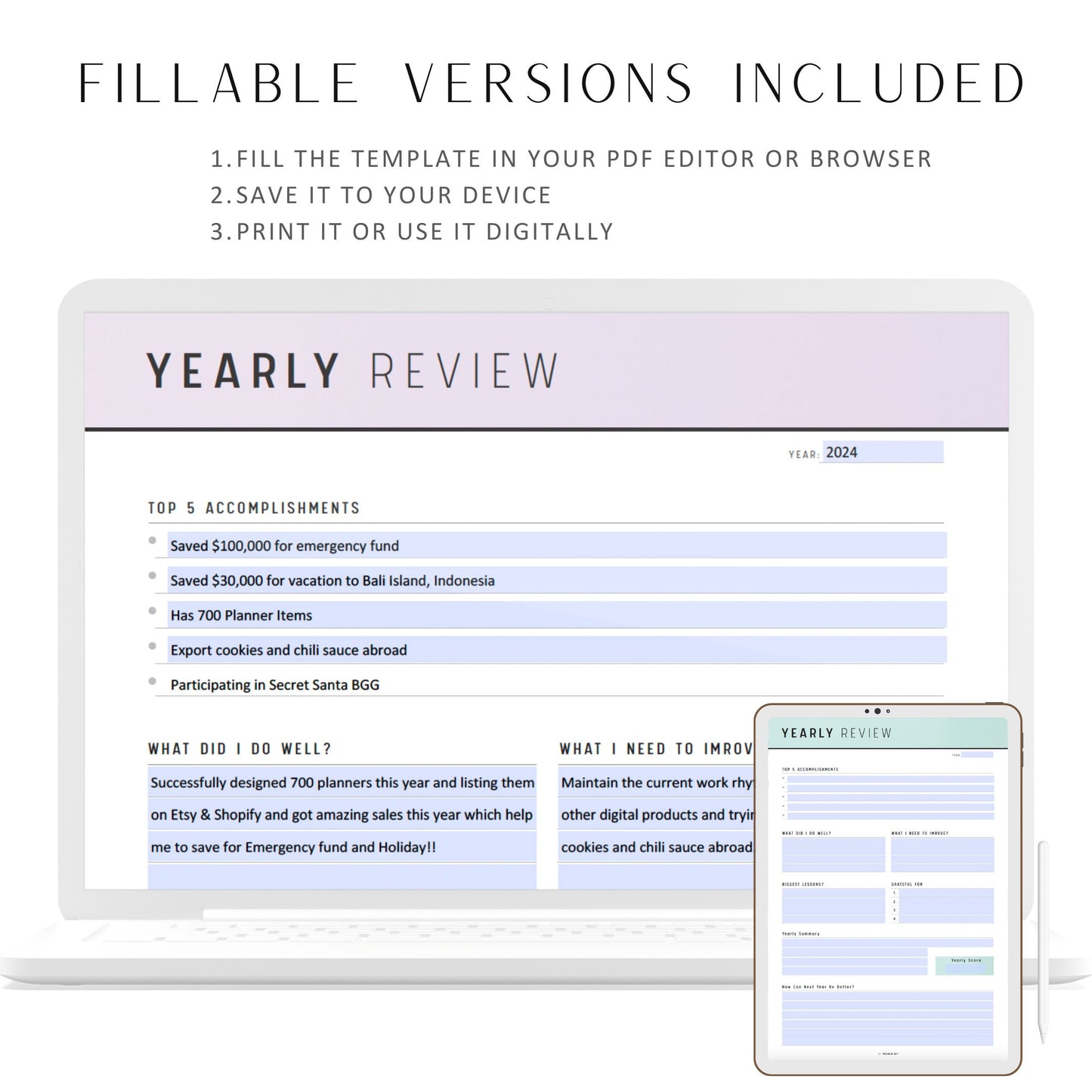 Fillable Yearly Review Printable, Yearly Journal, Yearly Overview Template, Yearly Planner Page, A4, A5, Letter, Half Letter, PDF, 6 colors, Digital Planner, PDF Fillable, Printable Planner