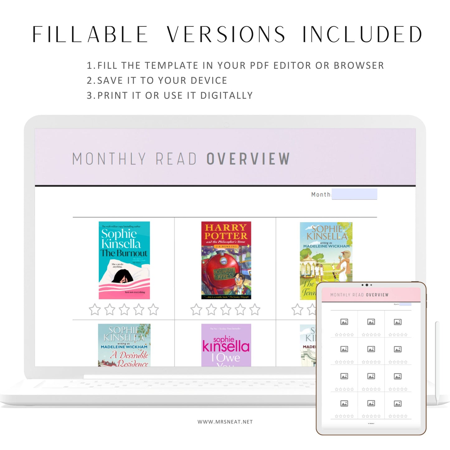 Fillable Monthly Reading Overview Template Printable, Reading Tracker, Book Review Planner, A4, A5, Letter, Half Letter, PDF, 6 colors