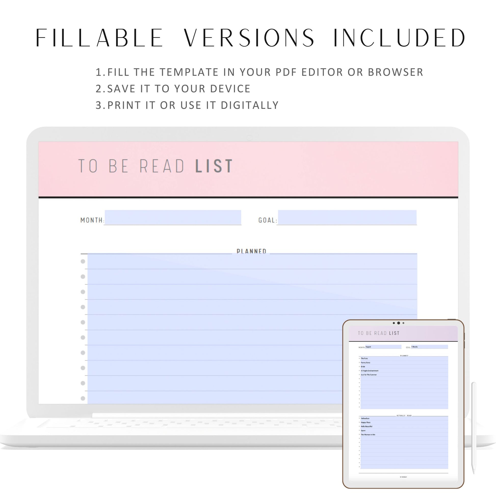 Fillable To Be Read List Printable, TBR List, Book Journal Page, Book Tracker, Reading Tracker, A4, A5, Letter, Half Letter, PDF, 6 colors, Digital Planner, Fillable PDF, Printable Planner