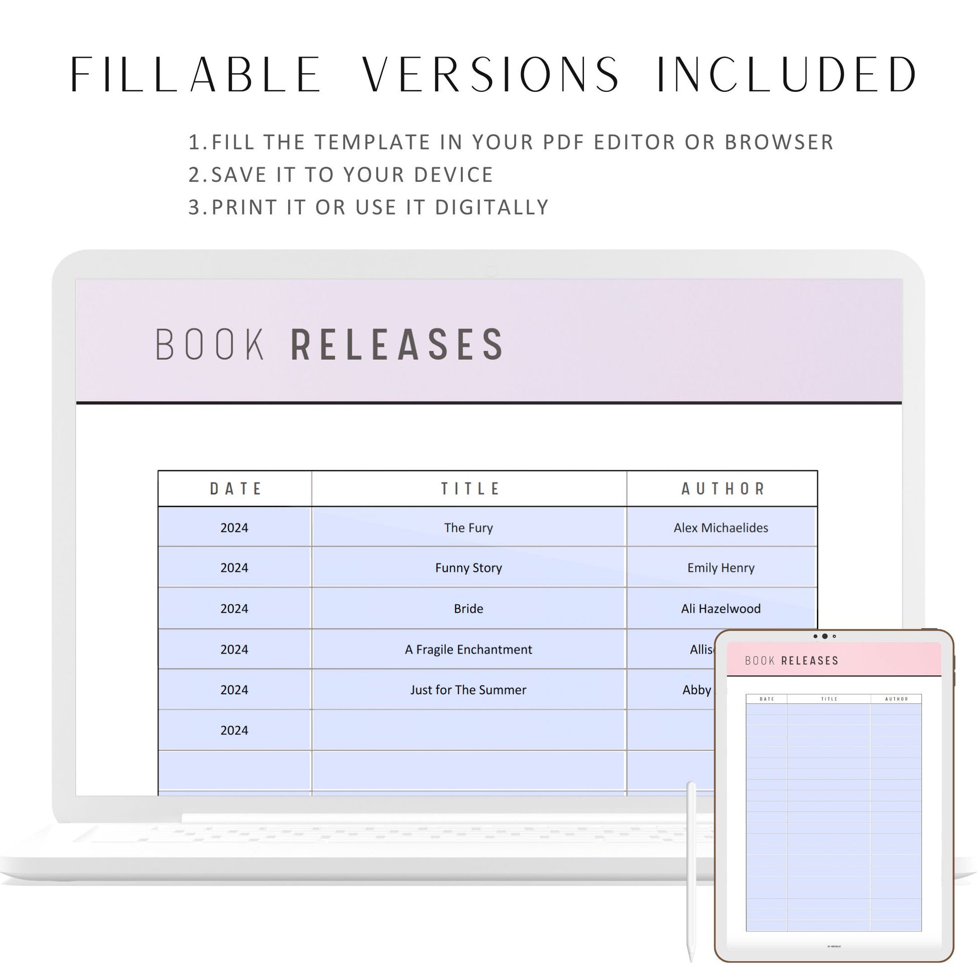 Upcoming Book Releases Template Printable, A4, A5, Letter, Half Letter, PDF, 6 colors