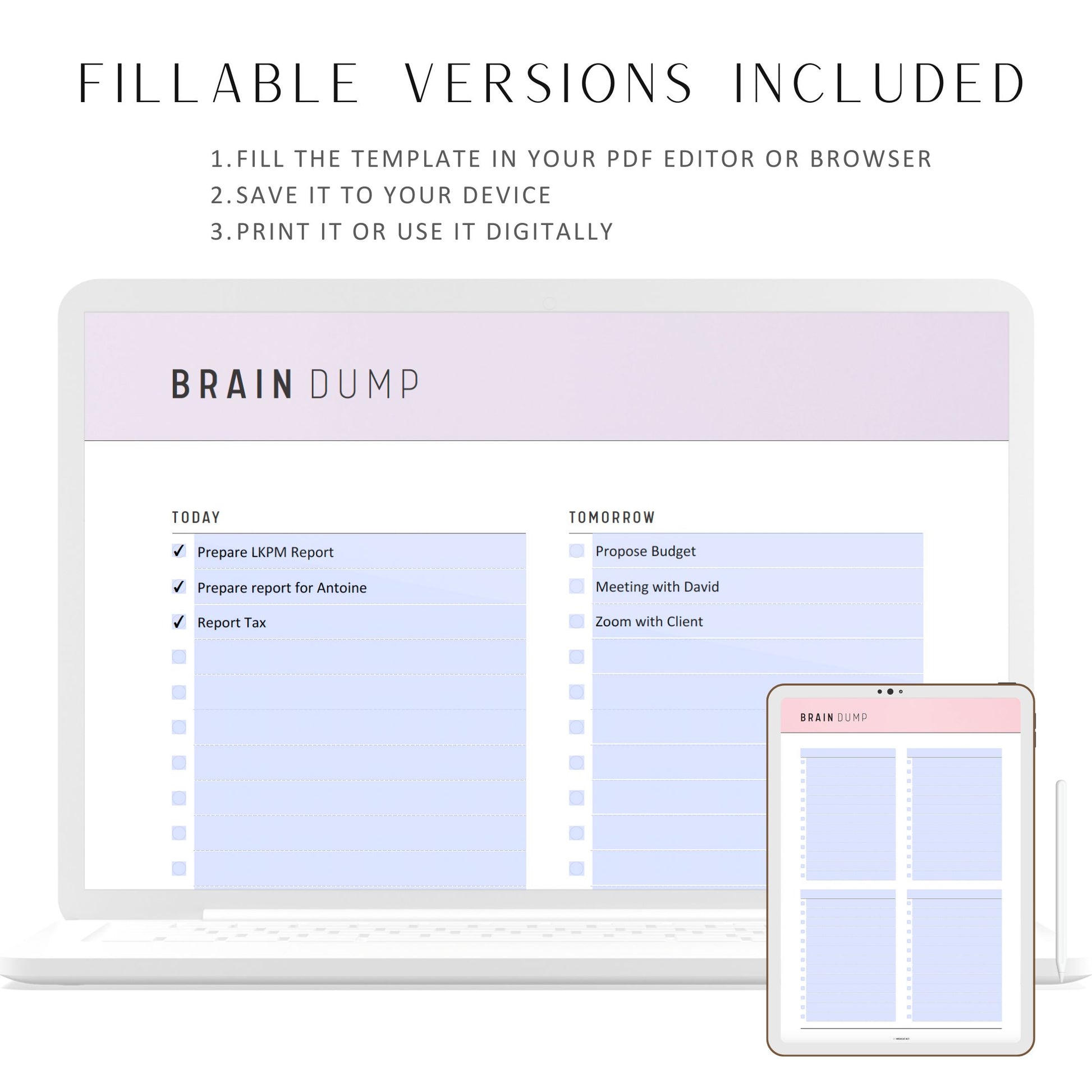 Fillable Brain Dump Template, Brain Dump Planner, The Brain Dump Printable, PDF, A4, A5, Letter, Half Letter, 6 colors, 2 versions