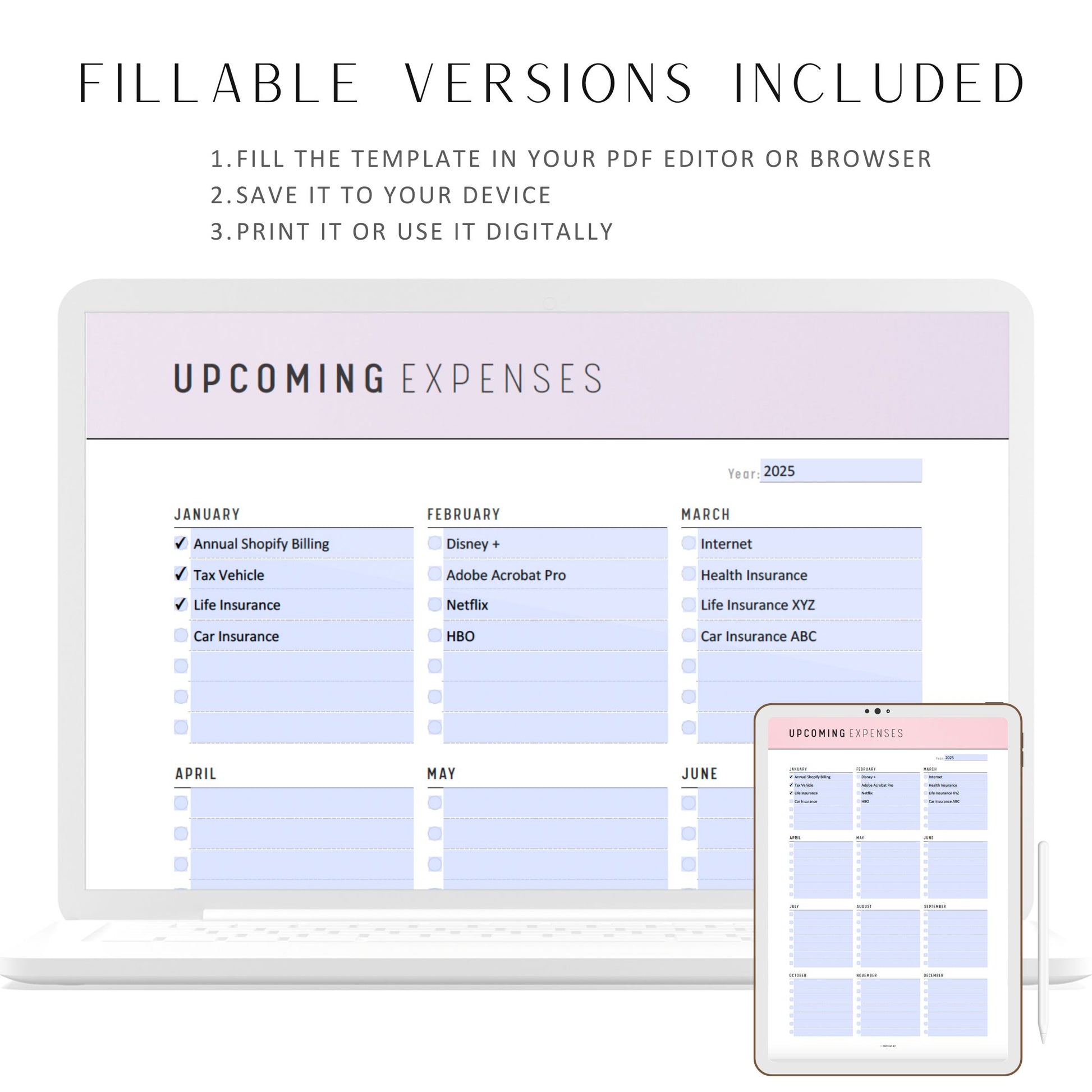 Fillable Upcoming Expenses Printable, Budget Plan, Yearly Spending Overview, Spending Tracker, PDF, A4, A5, Letter, Half Letter, 6 colors, Digital Planner, Fillable PDF, Printable Planner