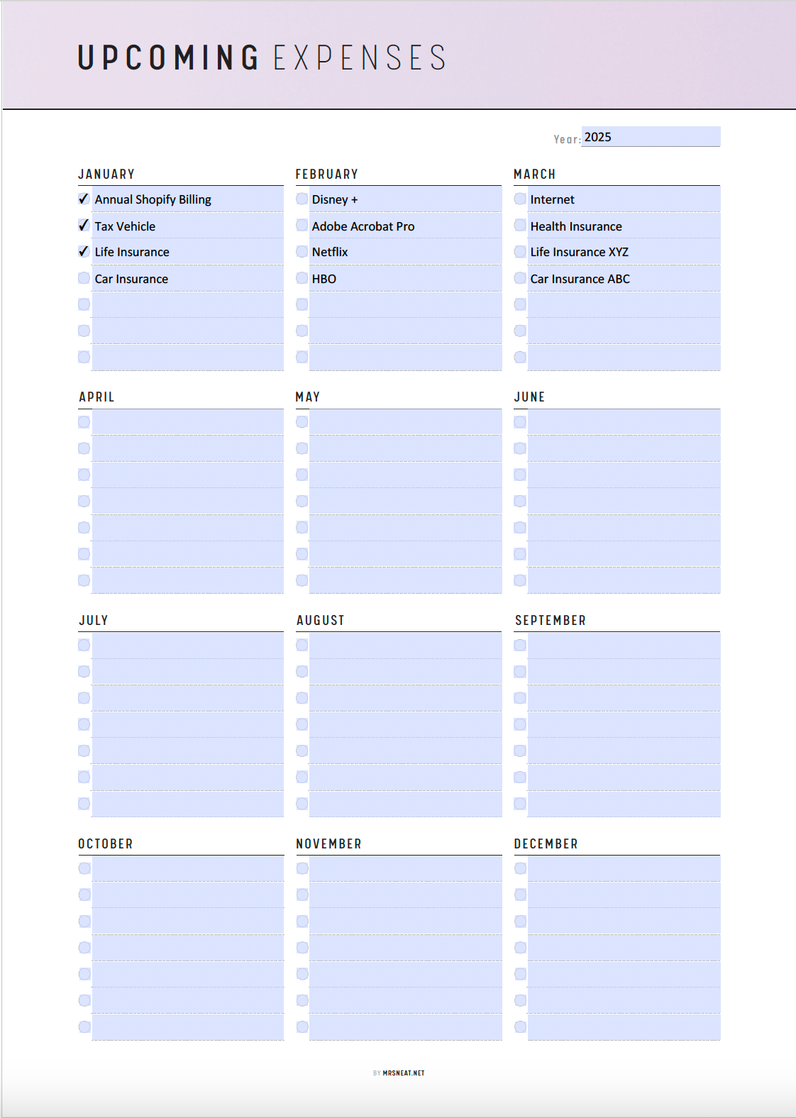 Fillable Upcoming Expenses Printable, Budget Plan, Yearly Spending Overview, Spending Tracker, PDF, A4, A5, Letter, Half Letter, 6 colors, Digital Planner, Fillable PDF, Printable Planner