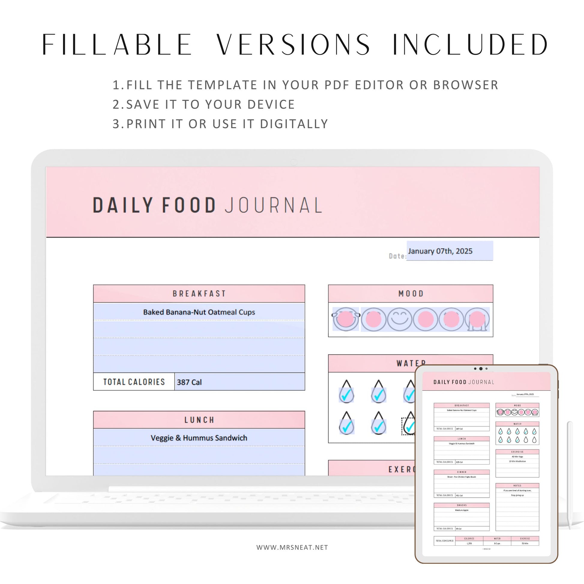 Printable Daily Food Journal, My Daily Food Diary, Fillable Daily Food Log, Calorie Tracker, A4, A5, Letter, Half Letter, 6 colors