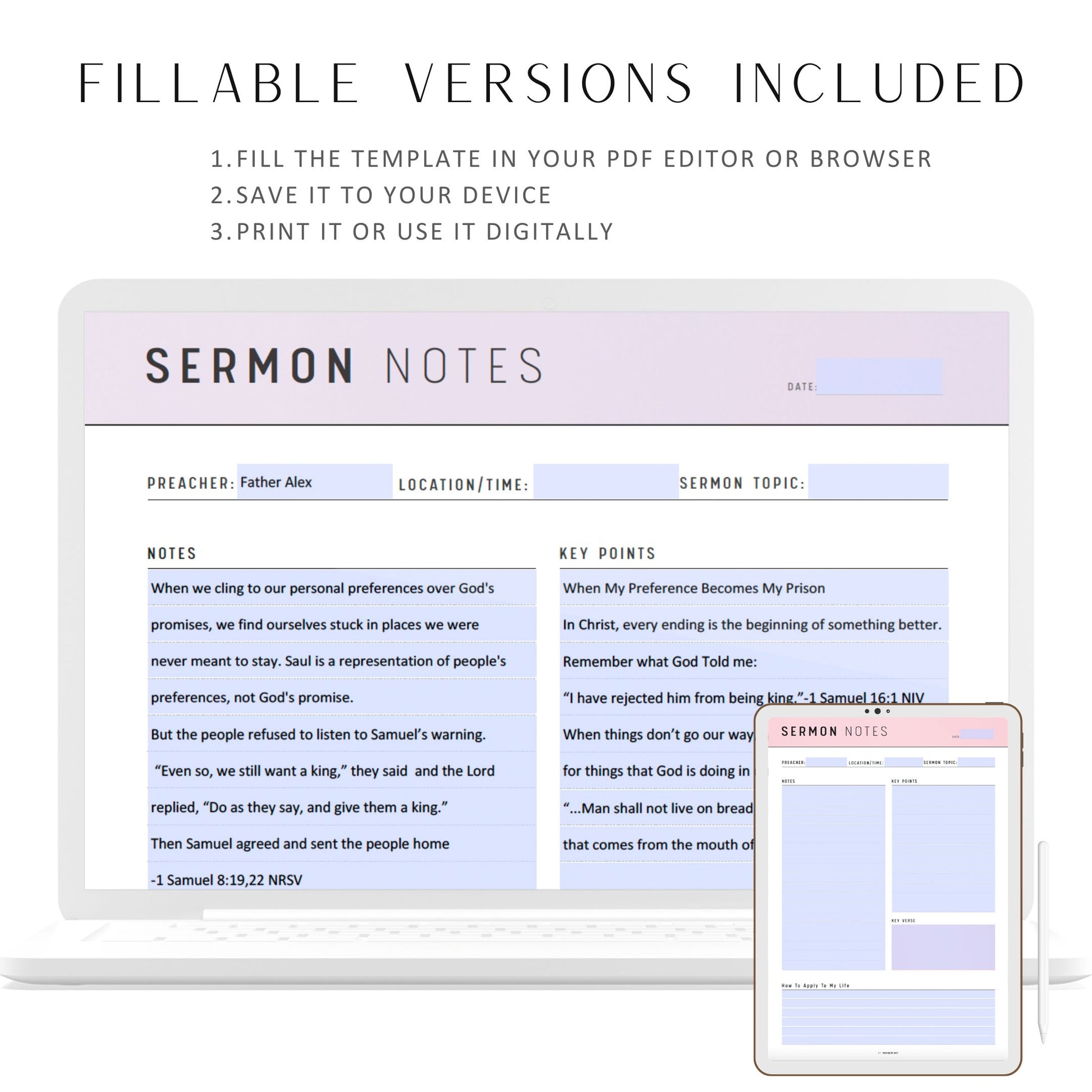 Fillable Sermon Notes Journal, Printable Personal Sermon Notes, Church Sermon Note Template, PDF, A4, A5, Letter, Half Letter, 6 colors, Digital Planner, Fillable PDF, Printable Planner