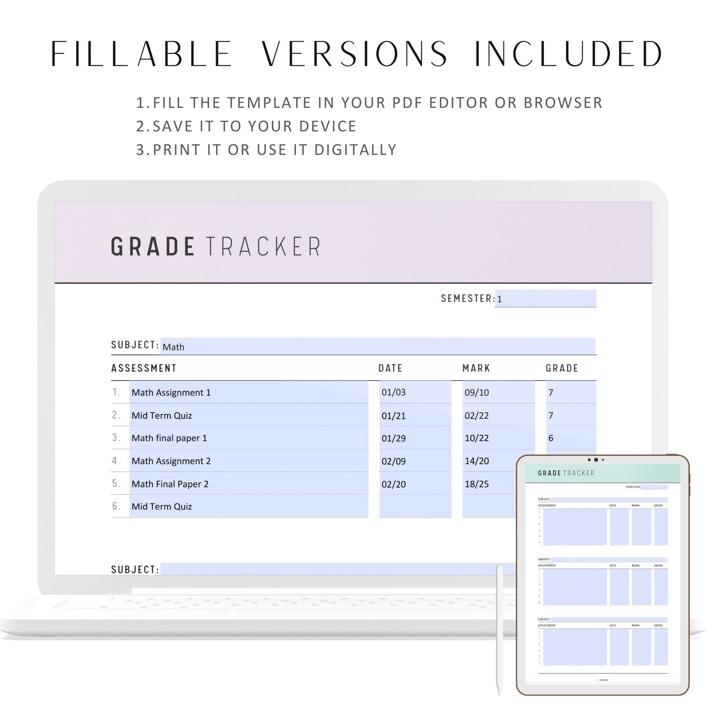 Printable Grade Tracker Template, Fillable Grade Planner, PDF, A4, A5, Letter, Half Letter, 6 Colors, Digital Planner, Fillable PDF, Printable Planner