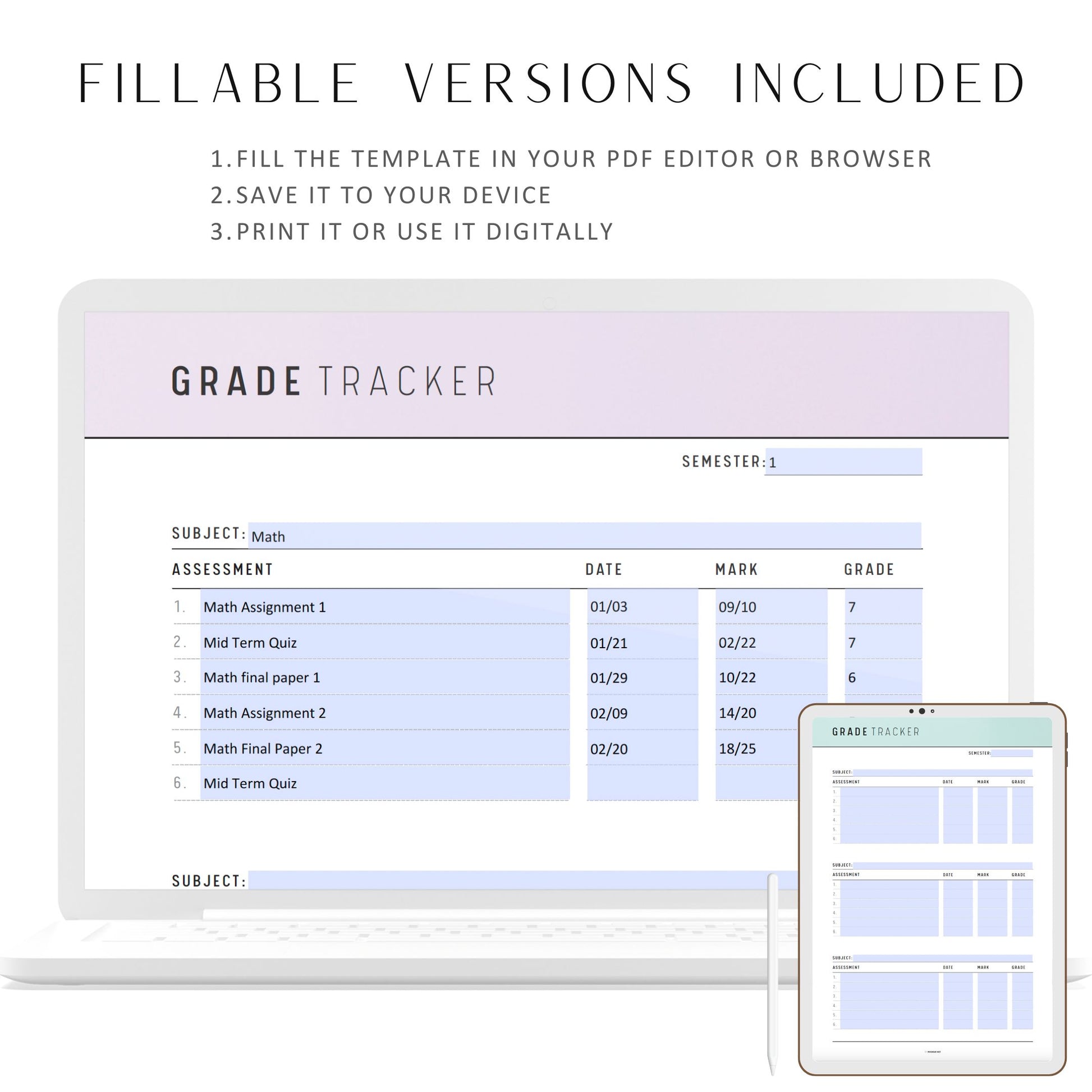 Printable Grade Tracker Template, Fillable Grade Planner, PDF, A4, A5, Letter, Half Letter, 6 Colors, Digital Planner, Fillable PDF, Printable Planner