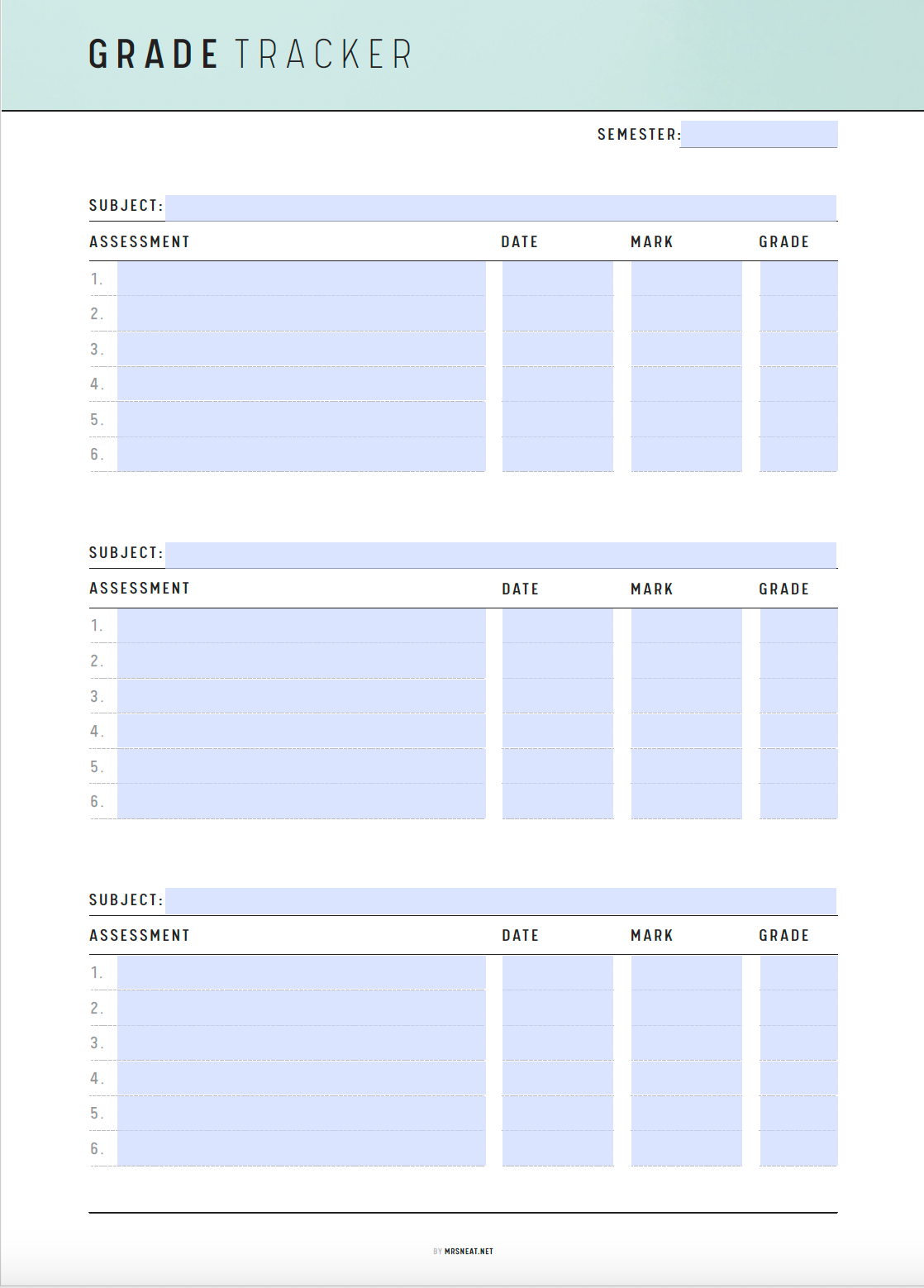 Printable Grade Tracker Template, Fillable Grade Planner, PDF, A4, A5, Letter, Half Letter, 6 Colors, Digital Planner, Fillable PDF, Printable Planner