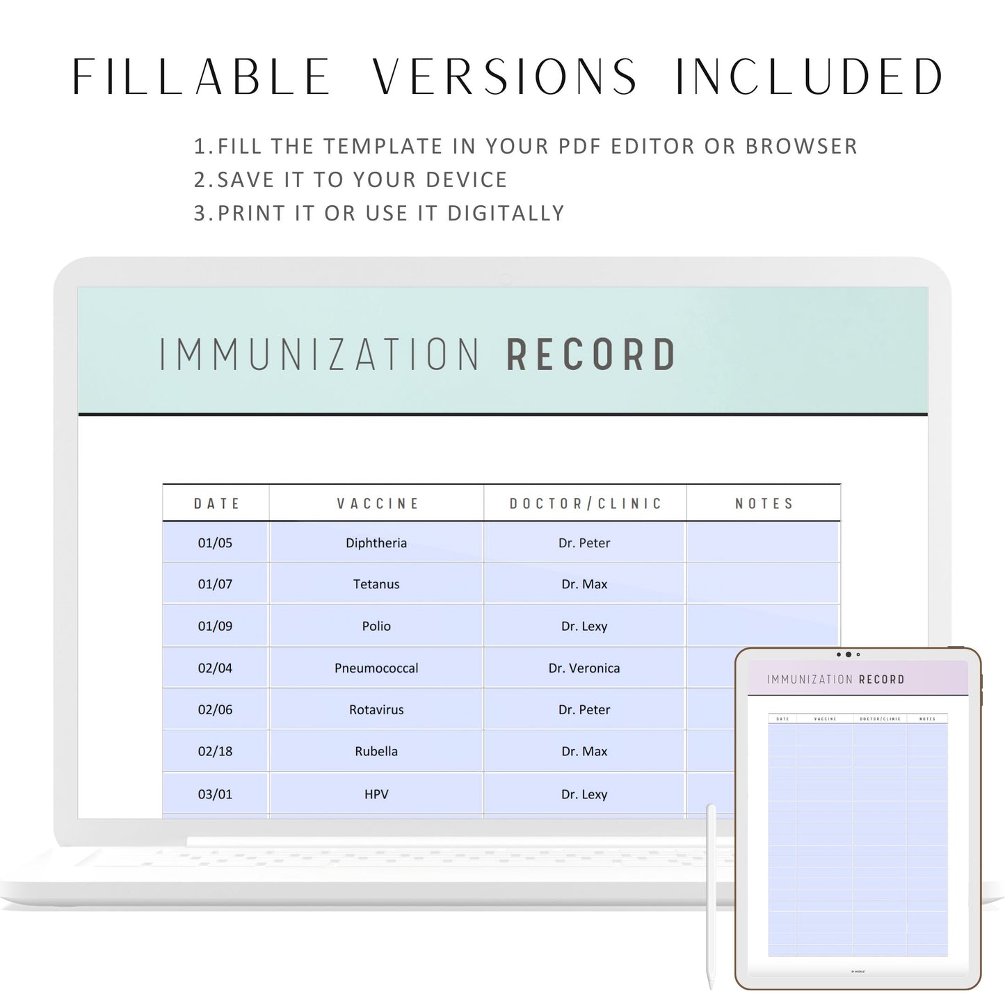 Printable Immunization Record, Vaccine Record Template, Fillable Immunization Log, PDF, A4, A5, Letter, Half Letter, 6 colors