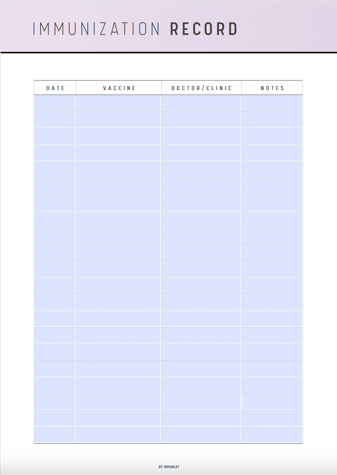 Printable Immunization Record, Vaccine Record Template, Fillable Immunization Log, PDF, A4, A5, Letter, Half Letter, 6 colors