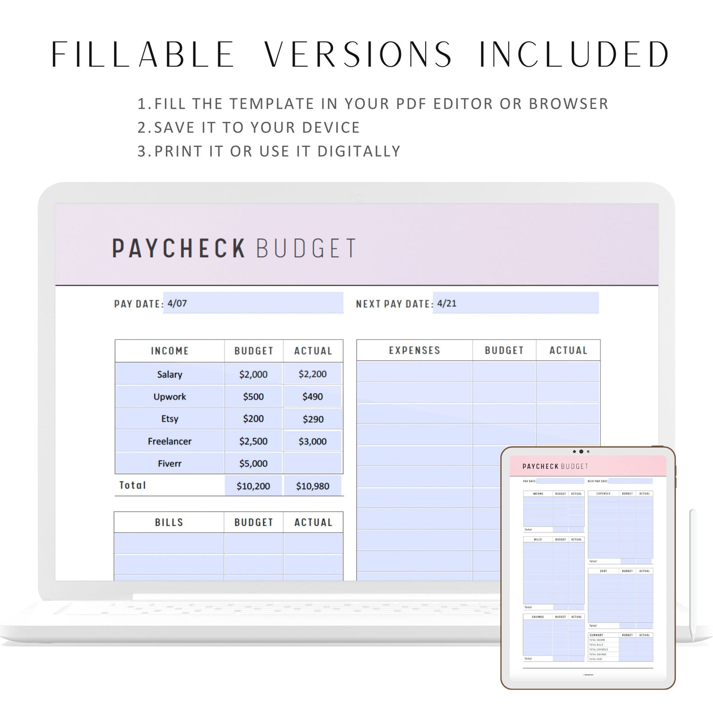 Paycheck Budget Printable, Paycheck Budget Template, Monthly Budget Planner, Bi-weekly Budget, A4, A5, Letter, Half Letter, PDF, 6 colors