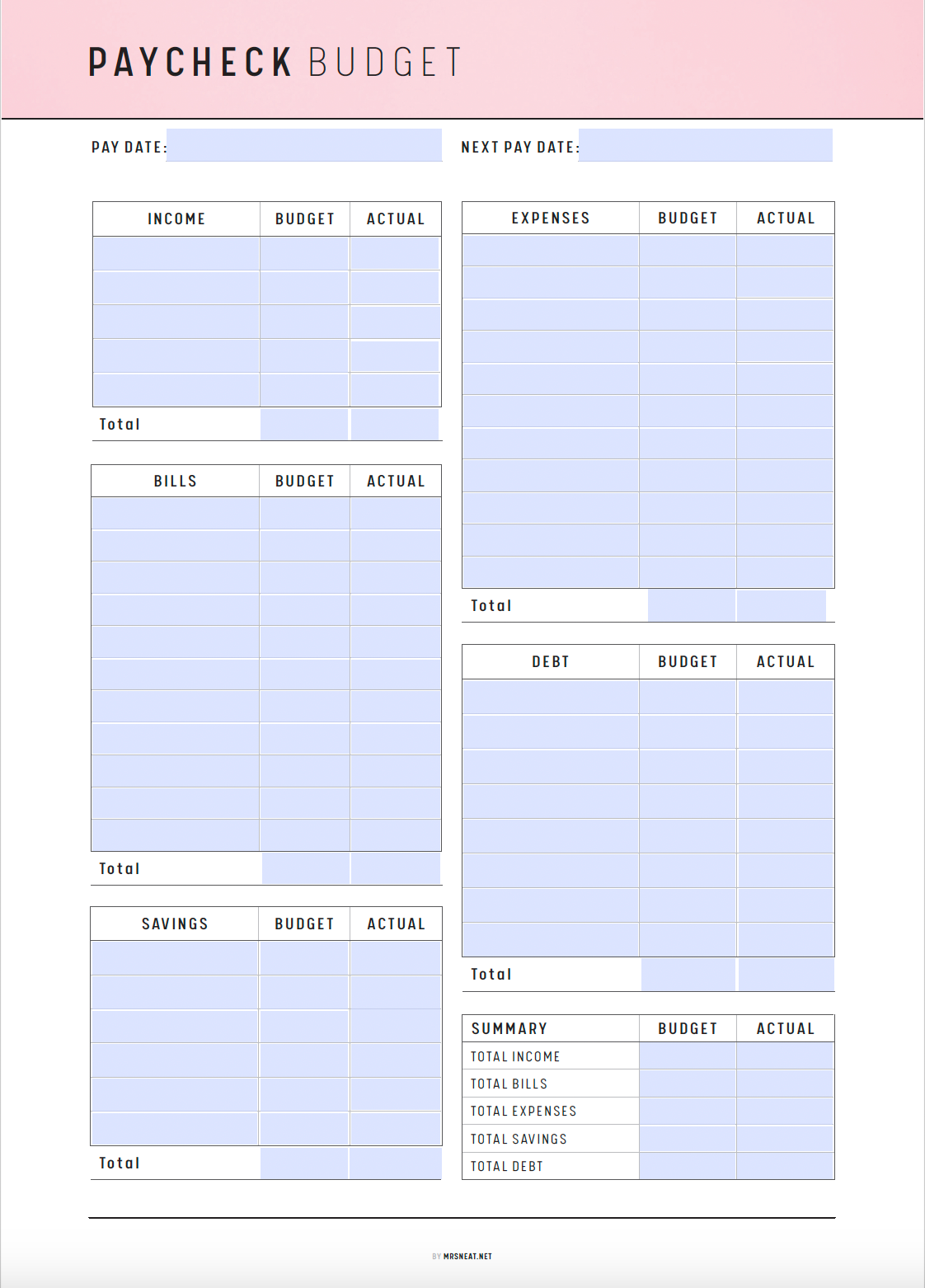 Paycheck Budget Printable, Paycheck Budget Template, Monthly Budget Planner, Bi-weekly Budget, A4, A5, Letter, Half Letter, PDF, 6 colors