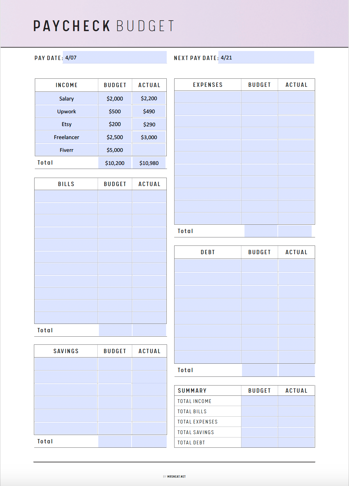 Paycheck Budget Printable, Paycheck Budget Template, Monthly Budget Planner, Bi-weekly Budget, A4, A5, Letter, Half Letter, PDF, 6 colors