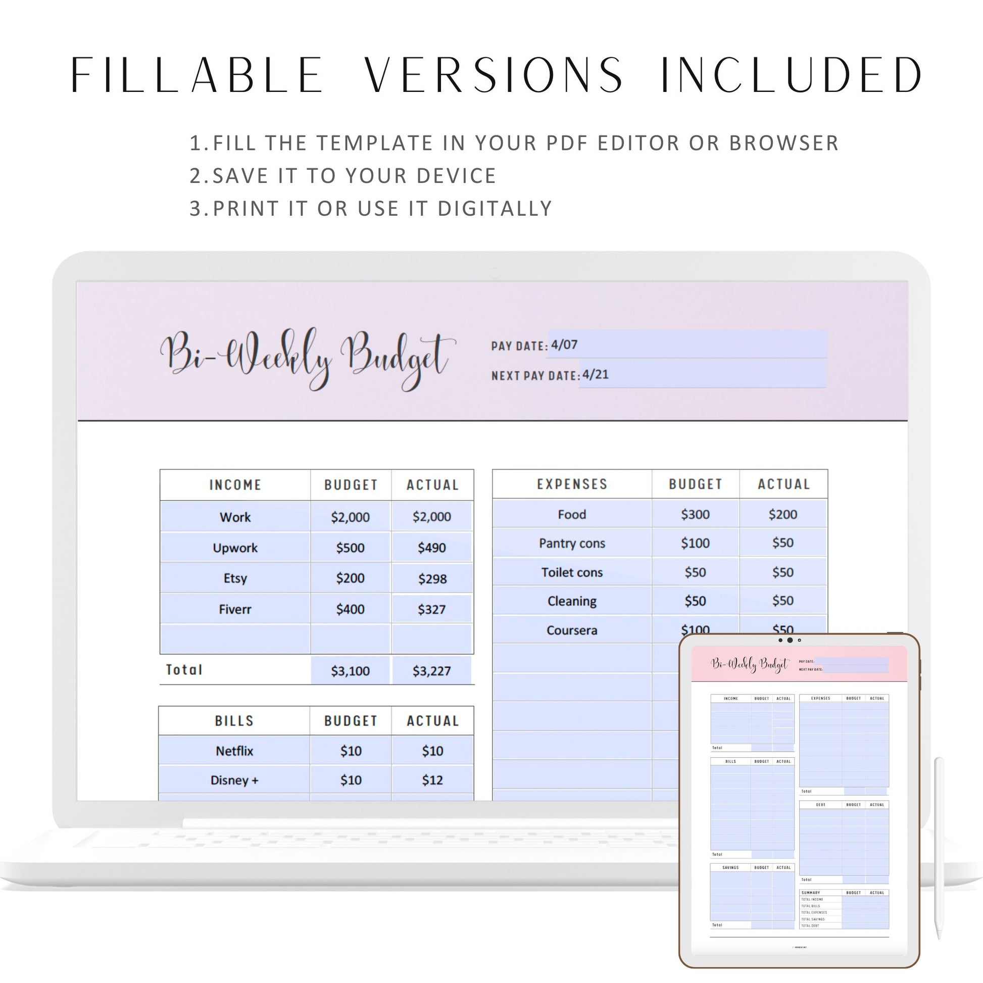 Bi-Weekly Budget Template Printable, Fillable Paycheck Budget, Budget Planner, Budget Tracker, PDF, A4, A5, Letter, Half Letter, 6 colors, Digital Planner, Fillable PDF, Printable Planner