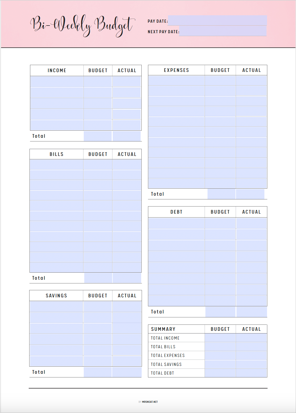 Bi-Weekly Budget Template Printable, Fillable Paycheck Budget, Budget Planner, Budget Tracker, PDF, A4, A5, Letter, Half Letter, 6 colors, Digital Planner, Fillable PDF, Printable Planner