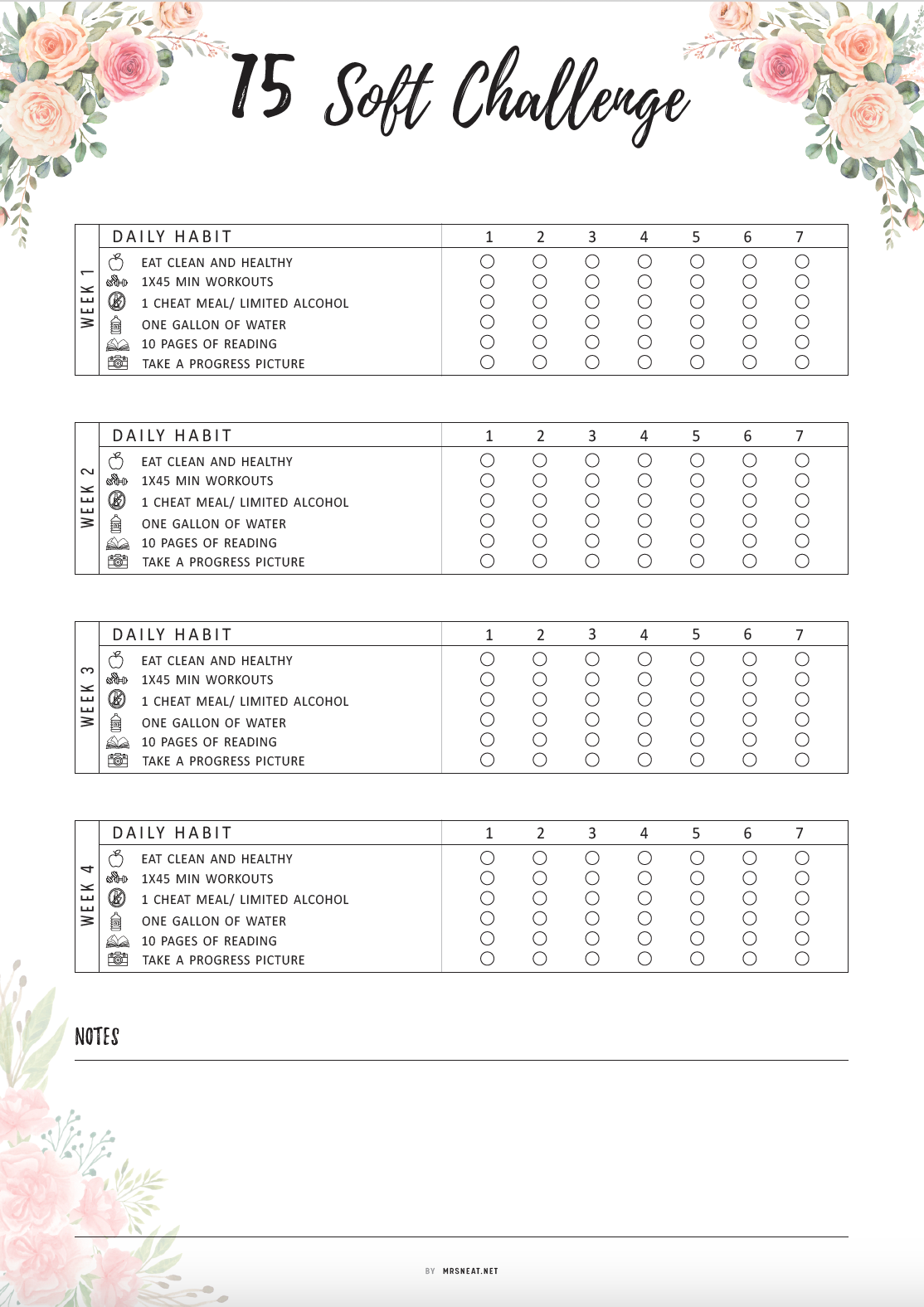 floral 75 soft challenge tracker printable - m309 – mrsneat