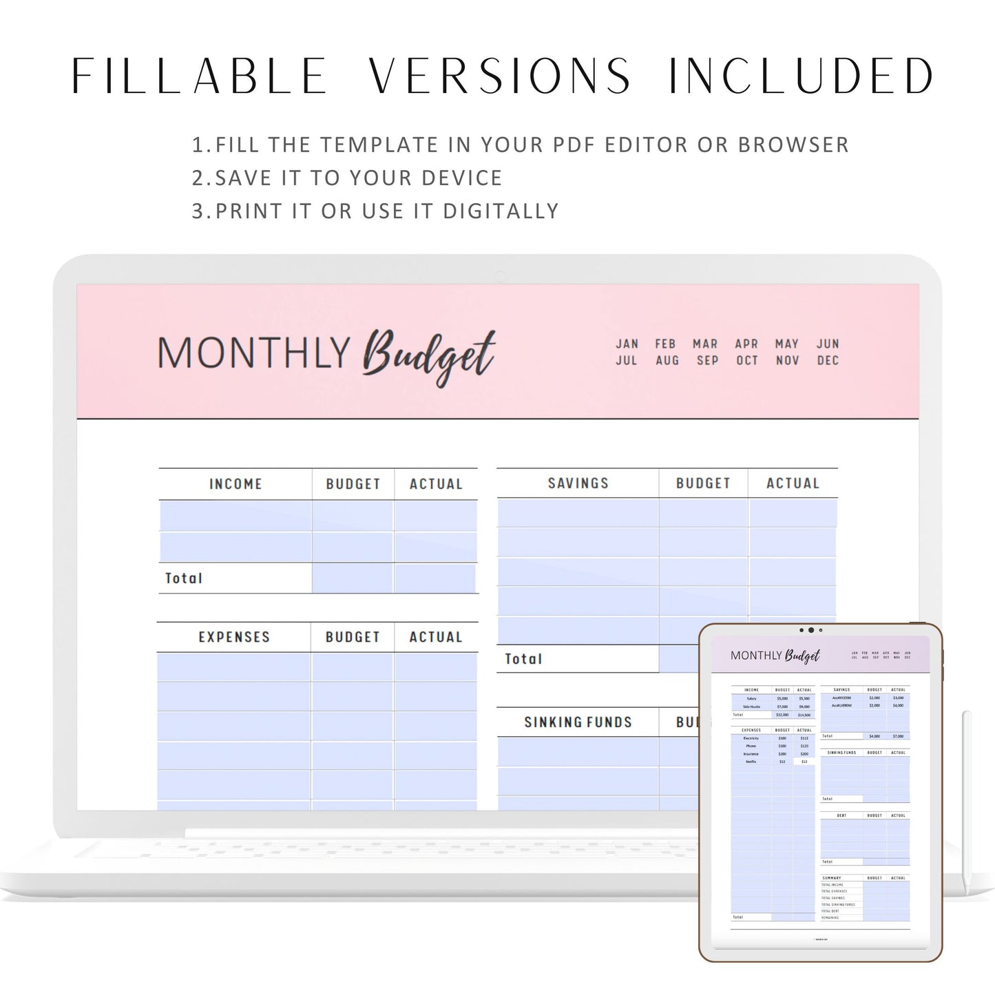 Printable Monthly Budget Template, Fillable Monthly Budget Planner, Budget Tracker, Paycheck Budget, A4, A5, Letter, Half Letter, 6 colors