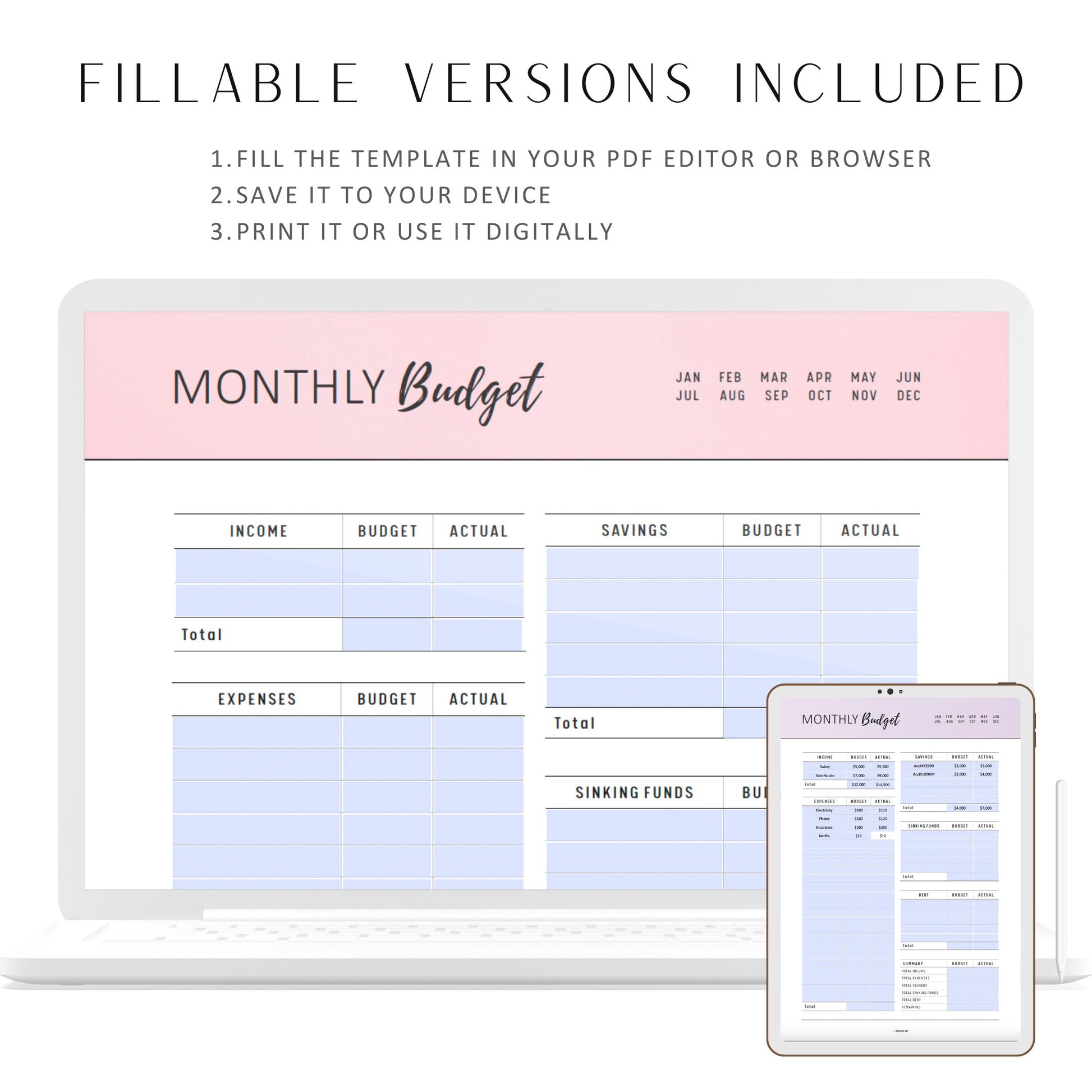 Printable Monthly Budget Template, Fillable Monthly Budget Planner, Budget Tracker, Paycheck Budget, A4, A5, Letter, Half Letter, 6 colors