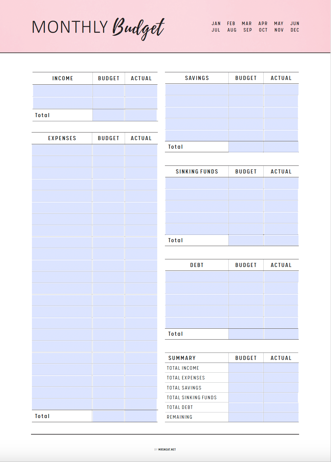 Printable Monthly Budget Template, Fillable Monthly Budget Planner, Budget Tracker, Paycheck Budget, A4, A5, Letter, Half Letter, 6 colors