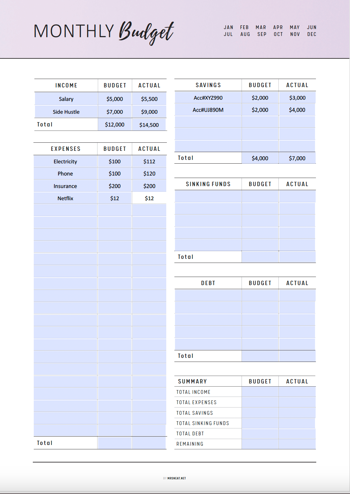 Printable Monthly Budget Template, Fillable Monthly Budget Planner, Budget Tracker, Paycheck Budget, A4, A5, Letter, Half Letter, 6 colors