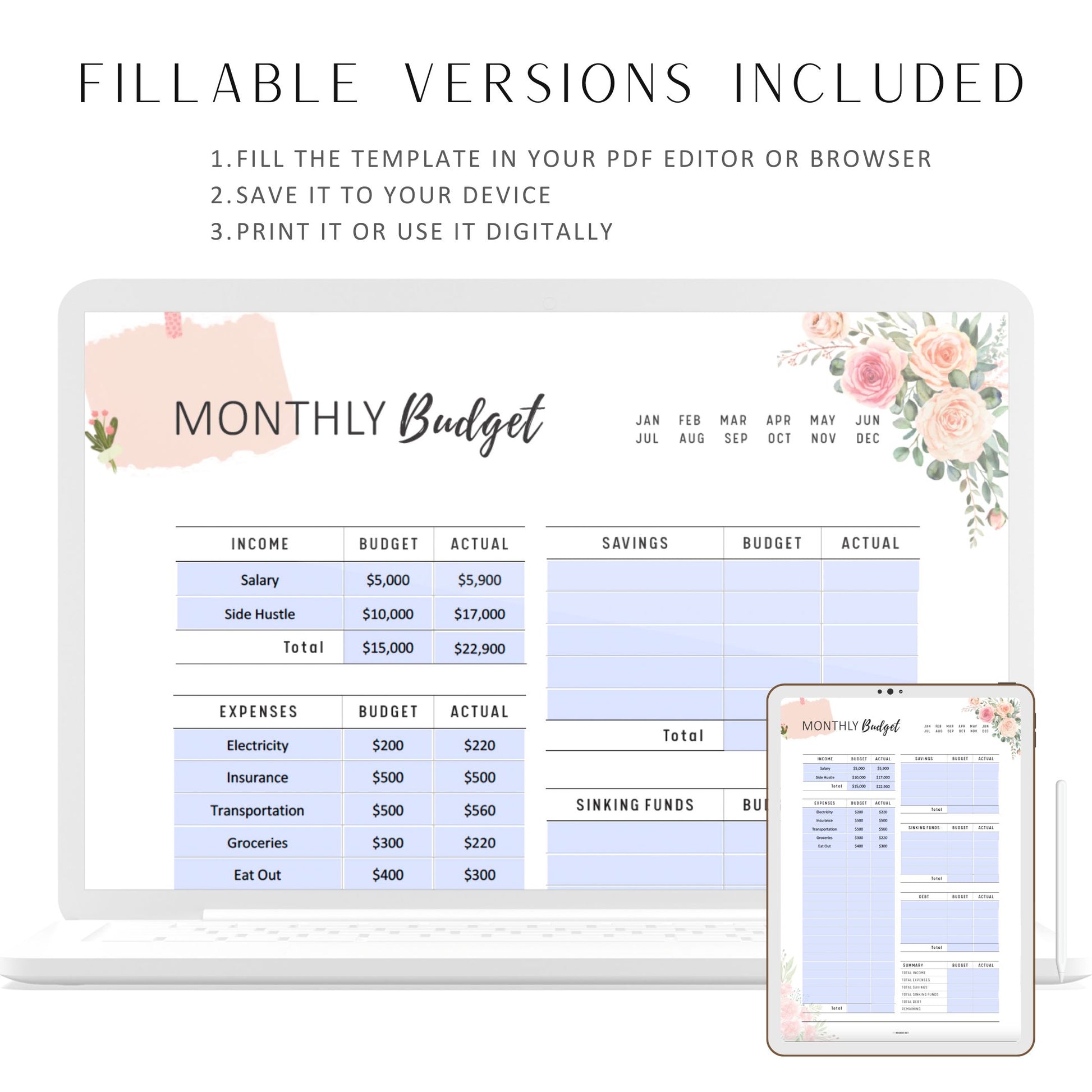 Floral Monthly Budget Tracker Printable, Fillable Monthly Budget Planner, Paycheck Budget, Bi-Weekly Budget, A4, A5, Letter, Half Letter