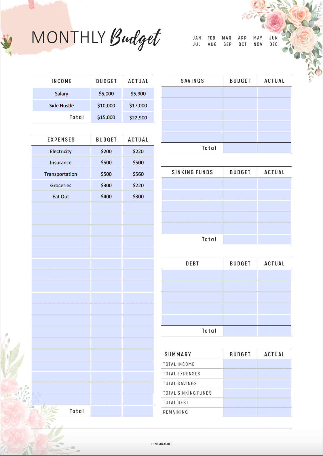 Floral Monthly Budget Tracker Printable, Fillable Monthly Budget Planner, Paycheck Budget, Bi-Weekly Budget, A4, A5, Letter, Half Letter