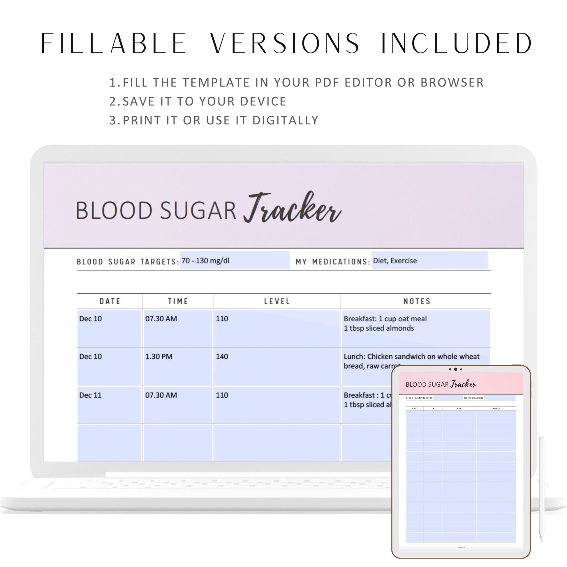 Printable Blood Sugar Tracker, Fillable Glucose Tracker Page, Diabetes Journal, Diabetes Planner, PDF, A4, A5, Letter, Half Letter, 6 colors, Digital Planner, Fillable PDF, Printable Planner