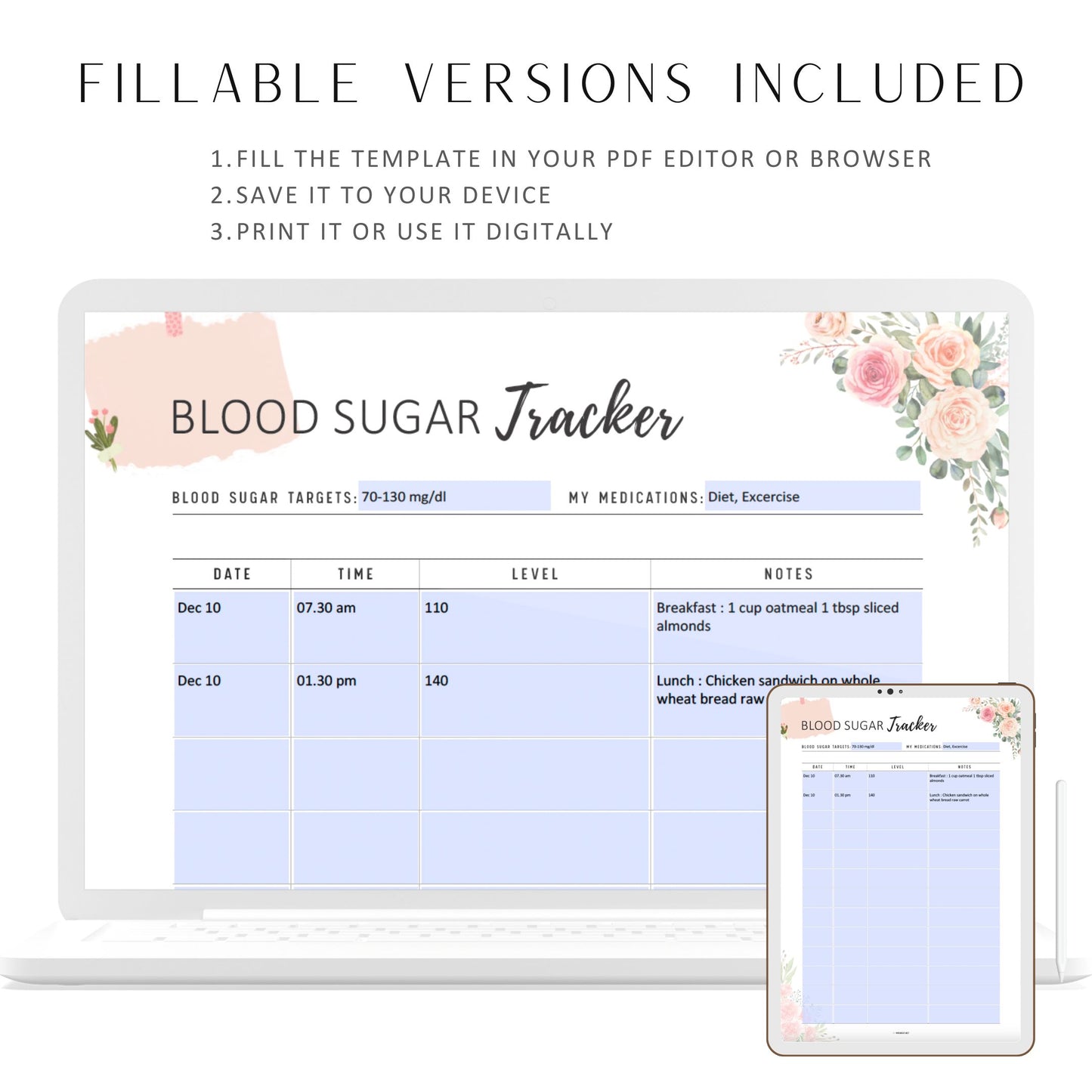 Printable Floral Blood Sugar Tracker, Glucose Tracker Page, Daily Diabetes Journal, PDF, A4, A5, Letter, Half Letter