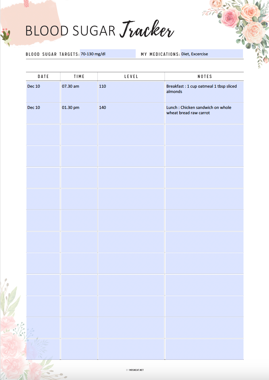 Printable Floral Blood Sugar Tracker, Glucose Tracker Page, Daily Diabetes Journal, PDF, A4, A5, Letter, Half Letter