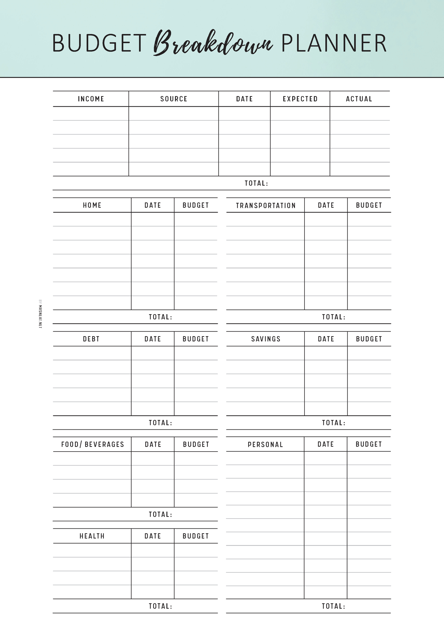 Budget Breakdown Planner with columns for income, expenses, and totals on a light blue background