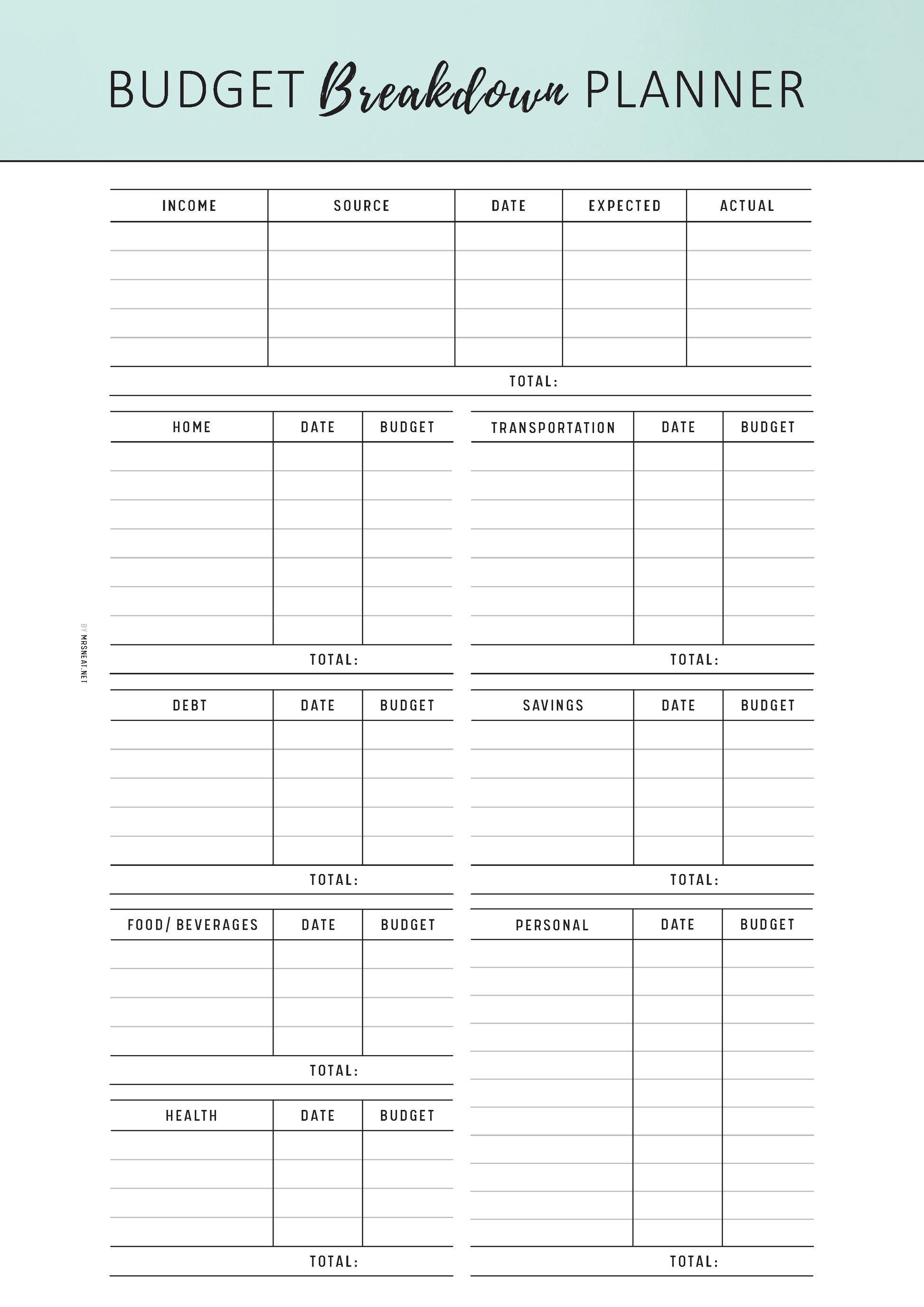 Budget Breakdown Planner with columns for income, expenses, and totals on a light blue background