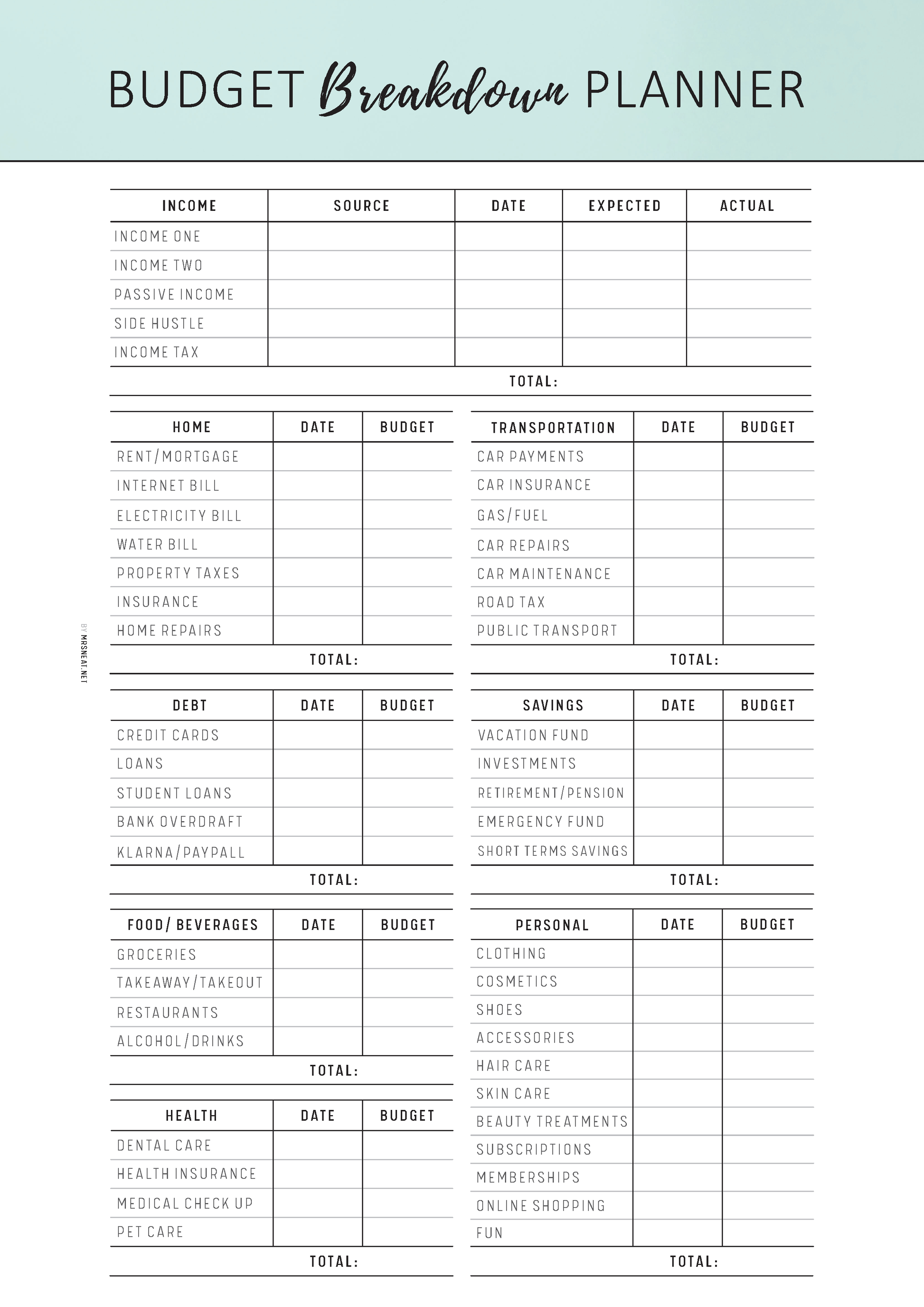 Budget Breakdown Planner with columns for income, expenses, and totals on a white background.