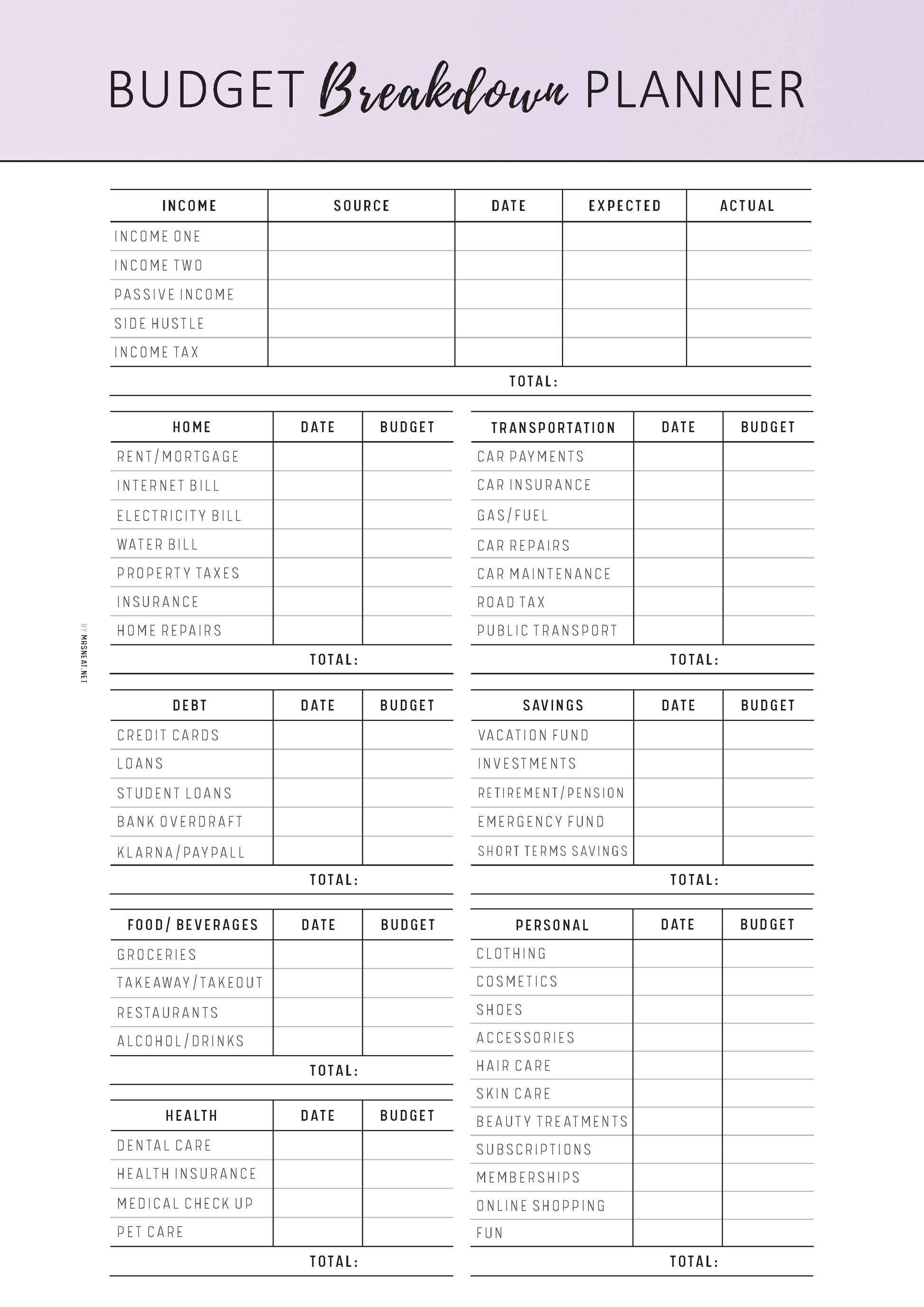 Budget Breakdown Planner with columns for income, expenses, and totals on a white background.