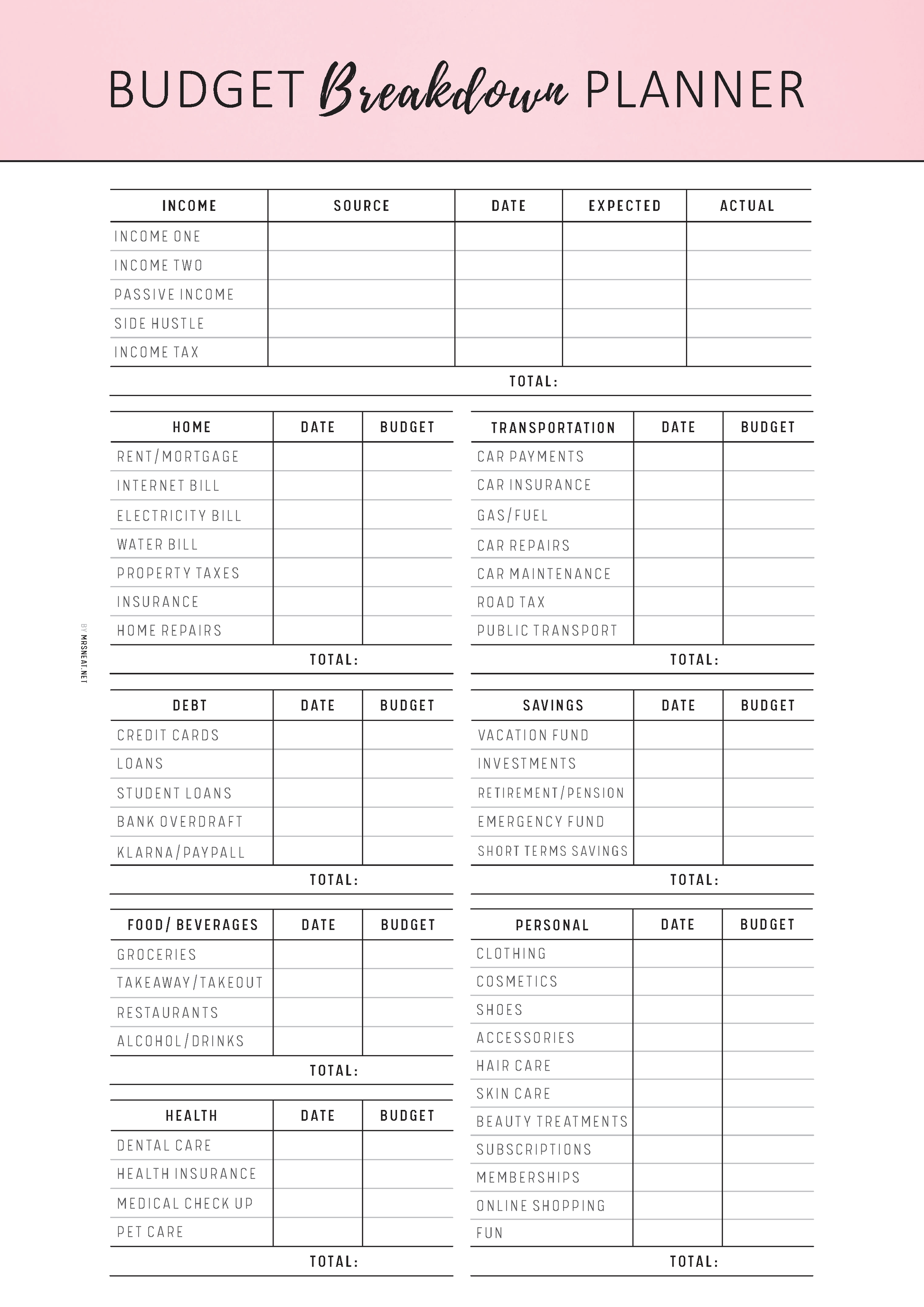 Budget Breakdown Planner with columns for income, expenses, and totals on a white background.