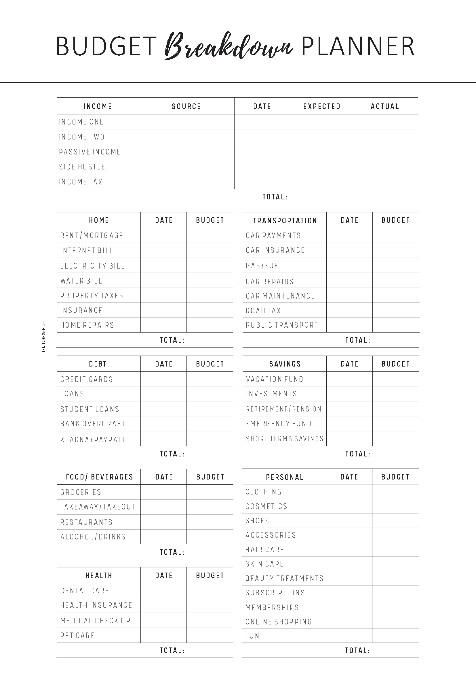 Budget Breakdown Planner with columns for income, expenses, and totals.