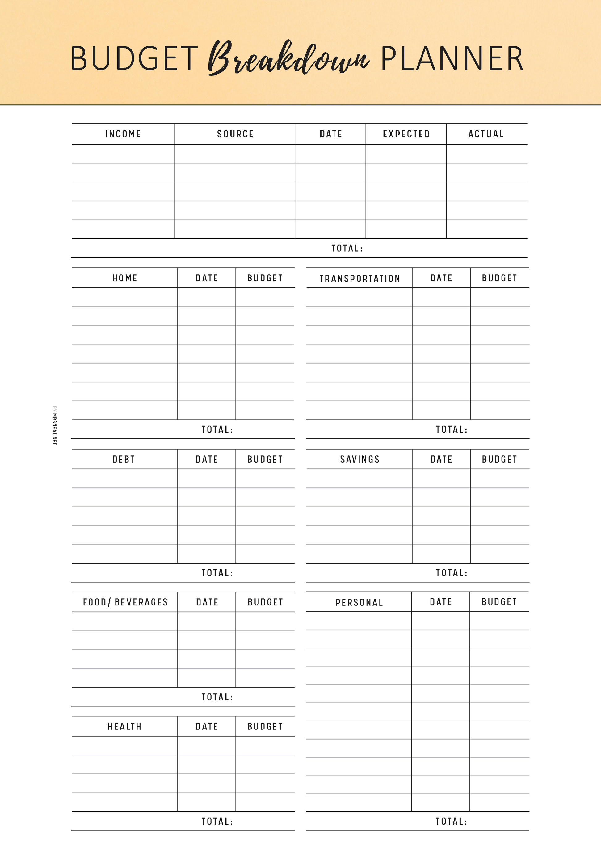 Budget Breakdown Planner with columns for income, expenses, and totals on a beige background.